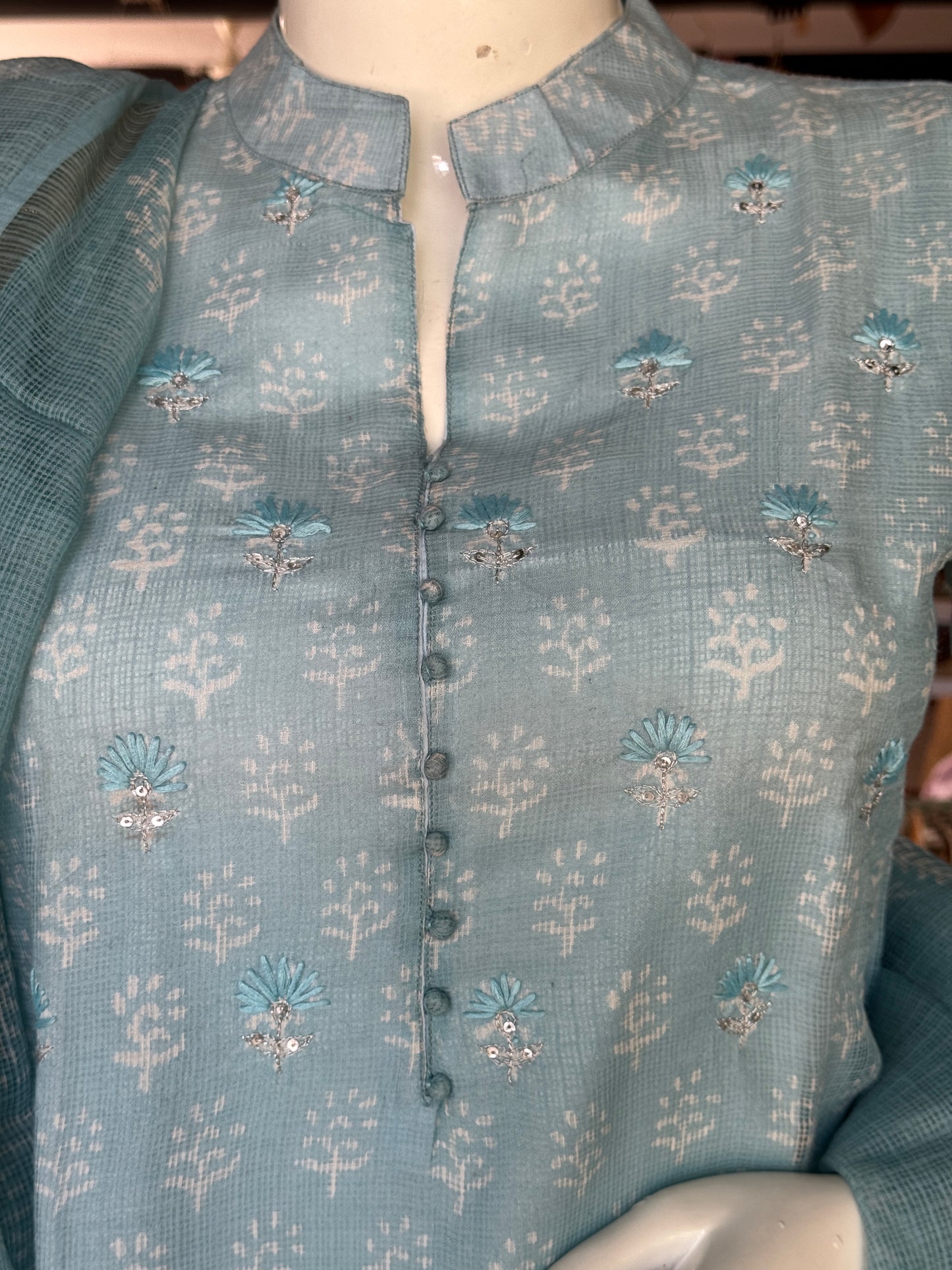 Pastel Blue hand block printed kota cotton straight kurti, pants and dupatta set - with hand embroidery