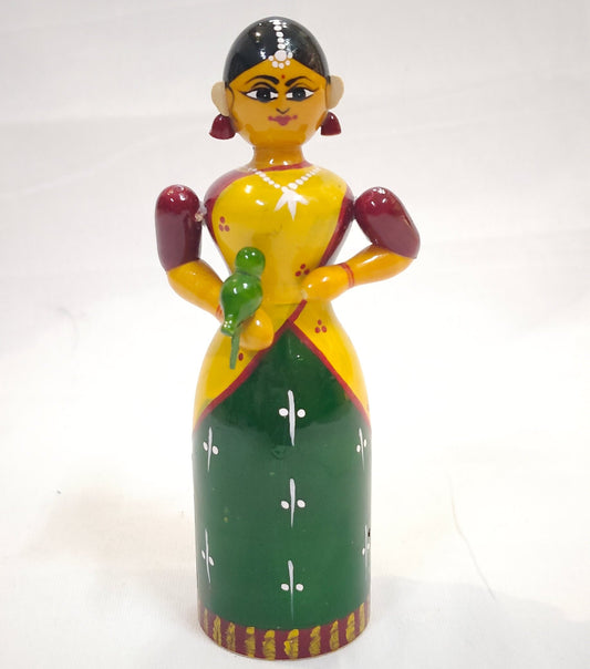 Lady in a half saree cherishing a parrot - Etikoppaka Wooden handcrafted  decor