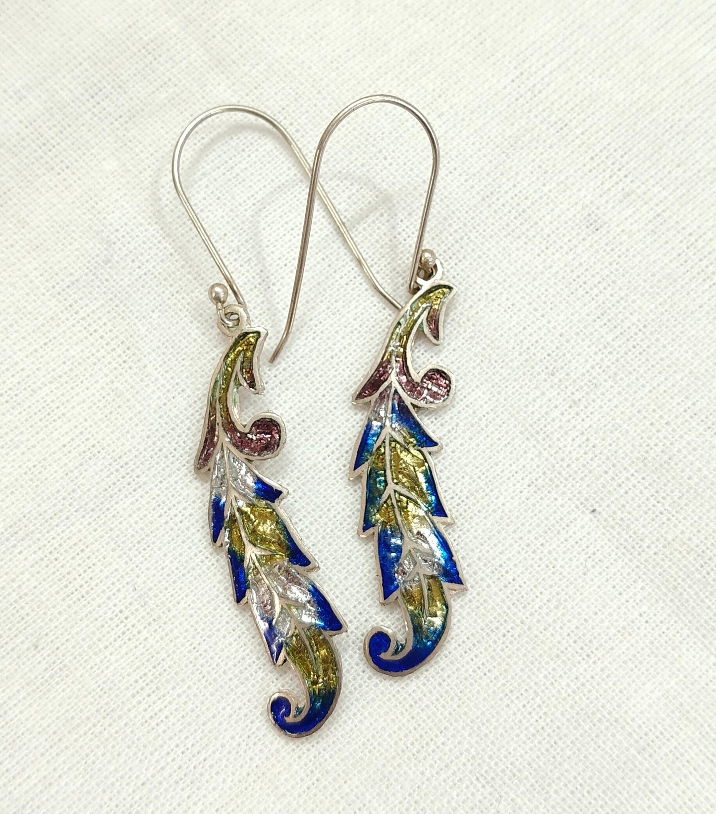 Meenakari enamel multi coloured long leaf shaped 92.5 sterling silver earrings