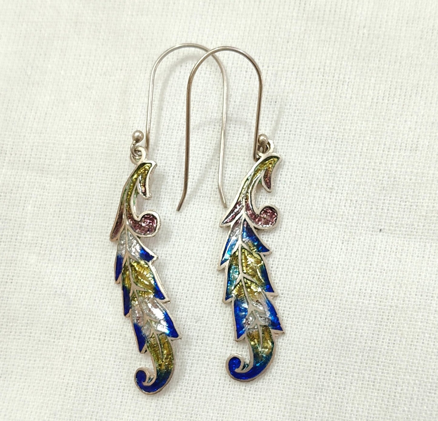 Meenakari enamel multi coloured long leaf shaped 92.5 sterling silver earrings