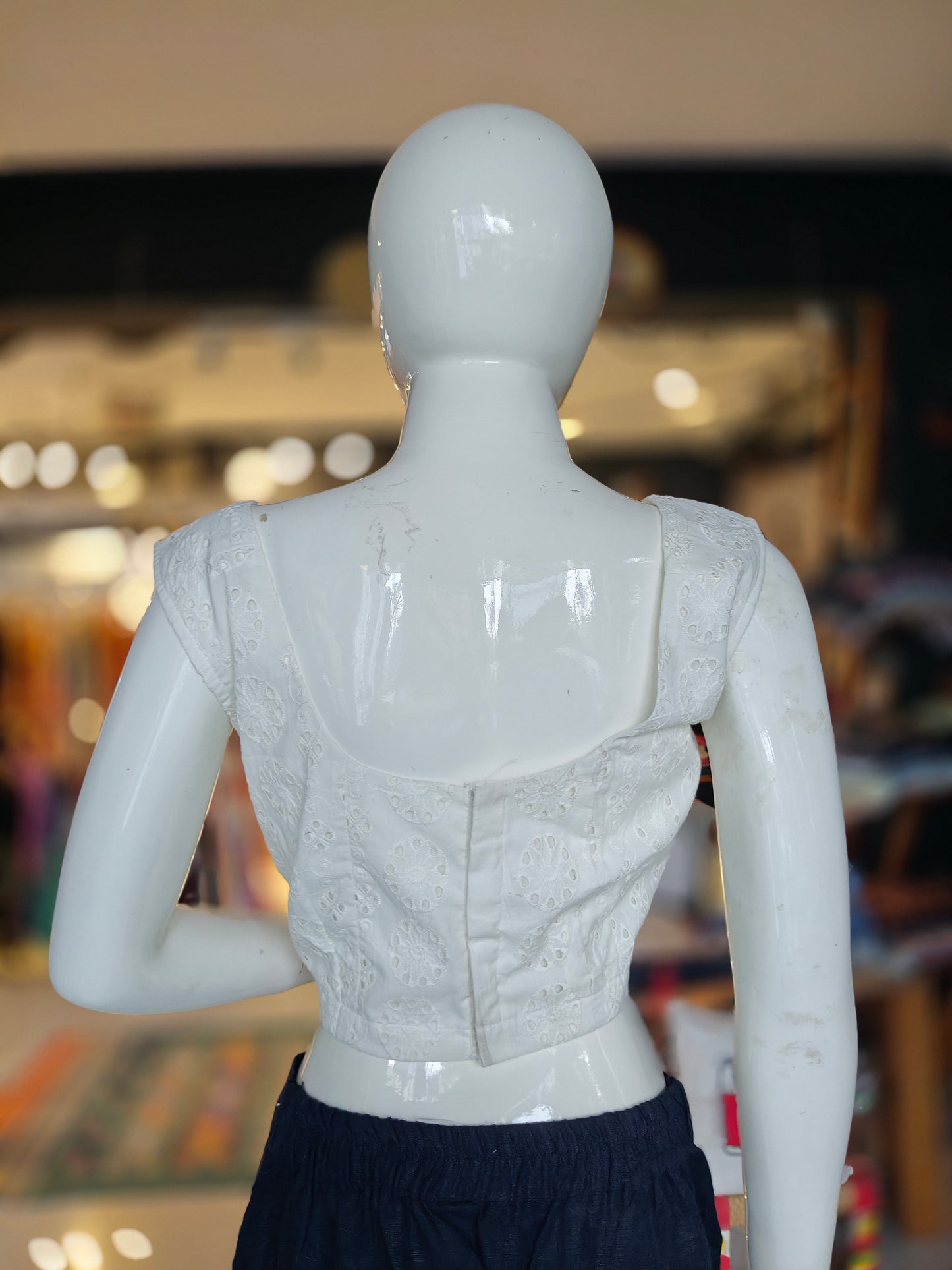 Off white schiffli cut work cotton back open blouse