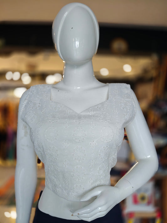 Off white schiffli cut work cotton back open blouse