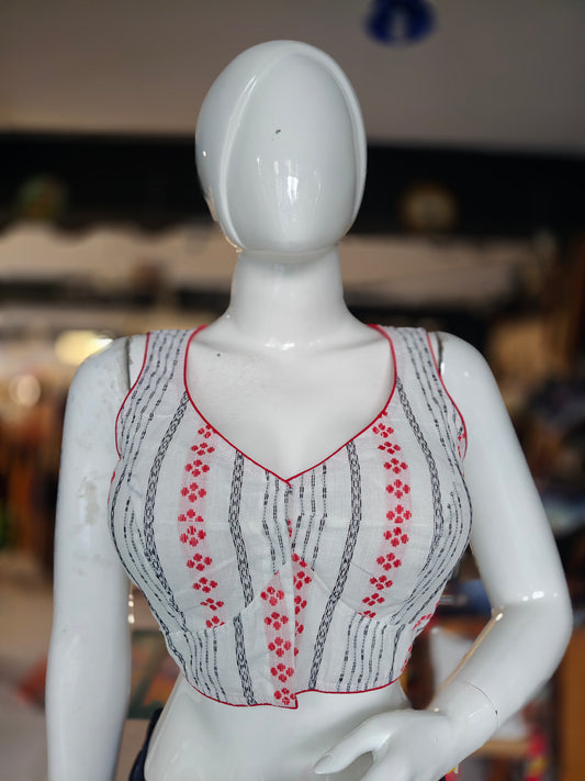 Off white stripes red dot prints front open sleeveless handwoven cotton blouse with pads