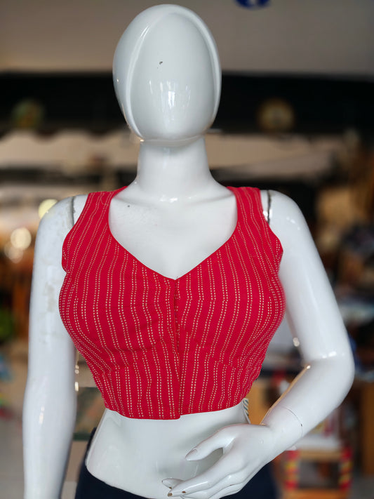 Red cotton stripes front open sleeveless handloom cotton blouse with pads