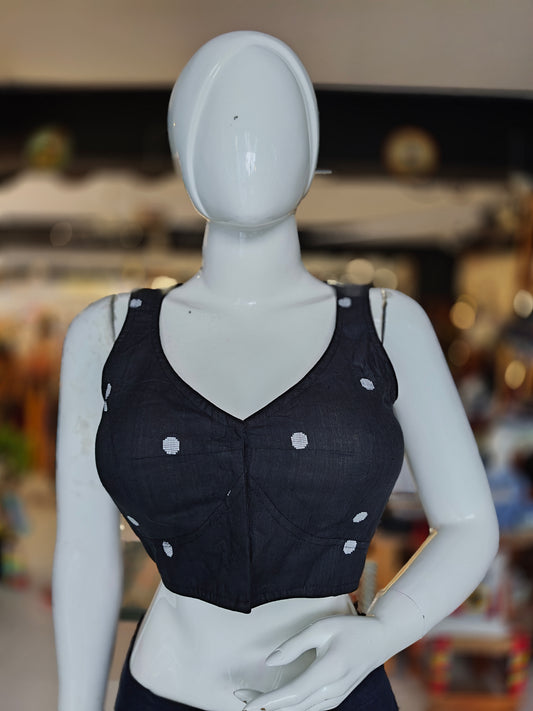 Black cotton with dot prints front open sleeveless handloom cotton blouse with pads