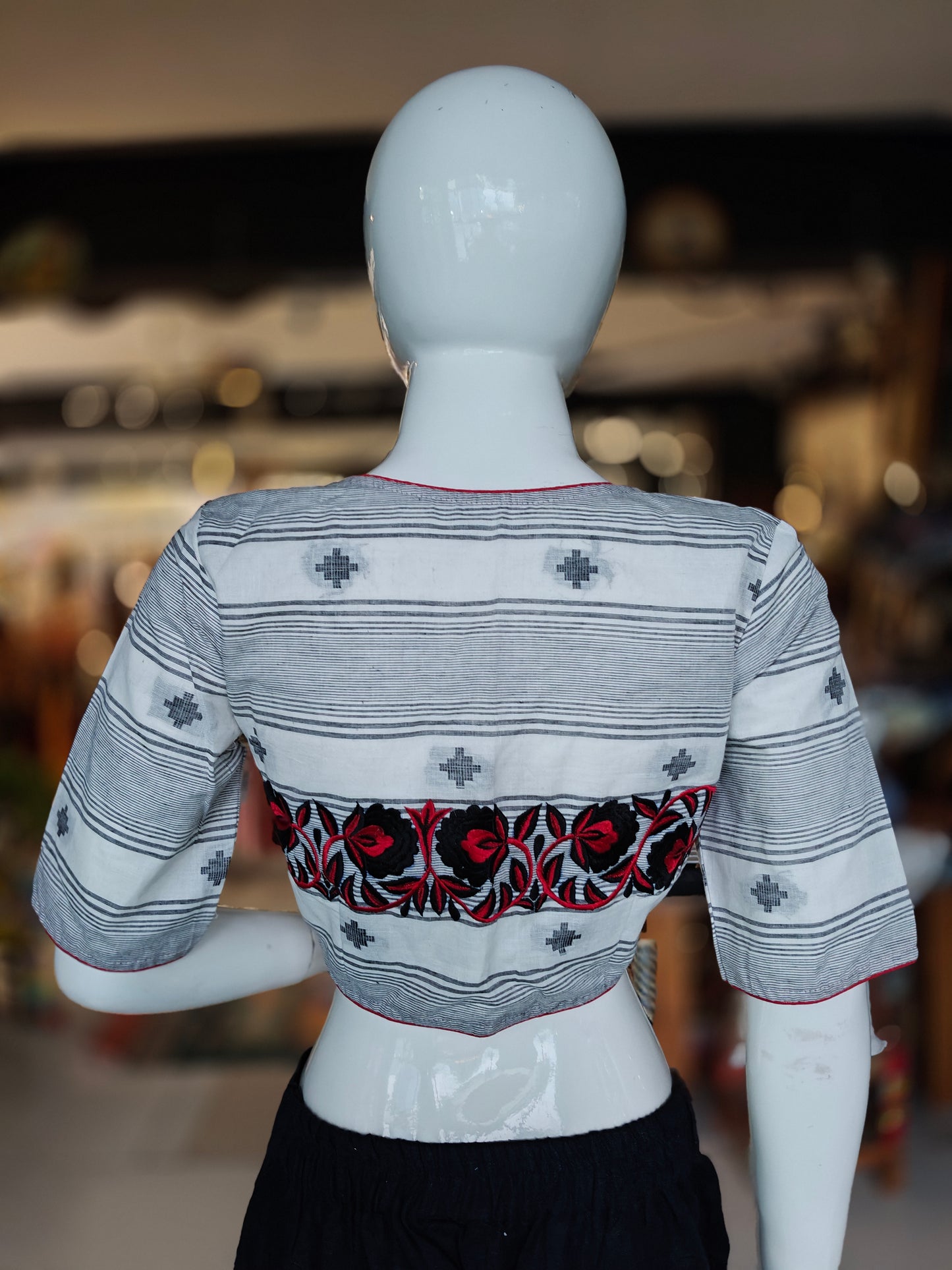 Cotton elbow sleeves front open blouse with stripes and floral embroidery on back