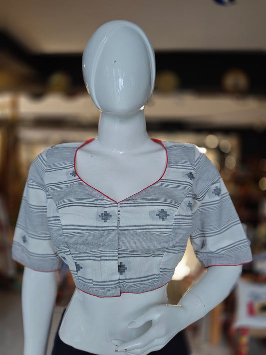 Cotton elbow sleeves front open blouse with stripes and floral embroidery on back