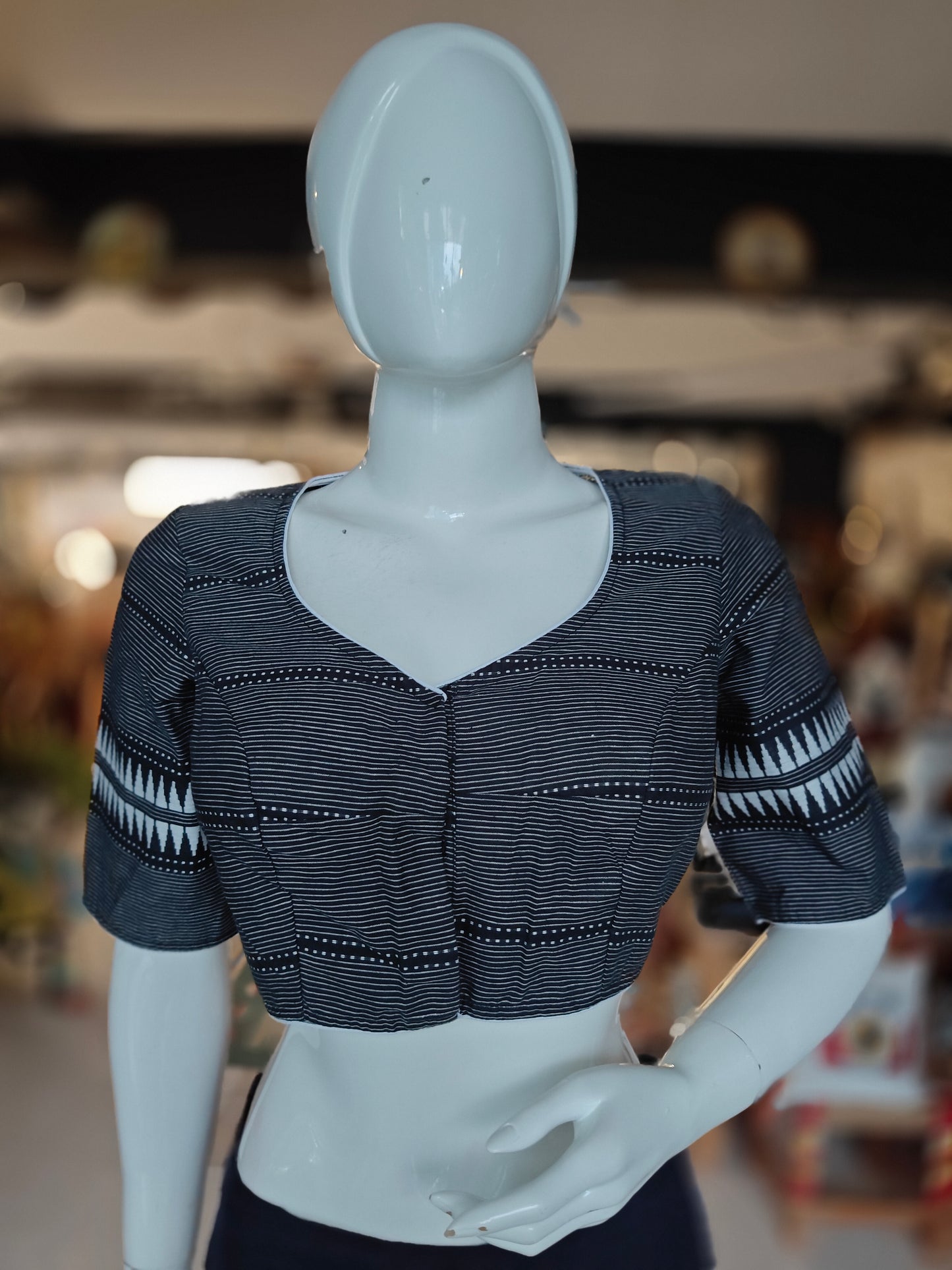 Cotton elbow sleeves front open blouse with stripes and floral embroidery on back