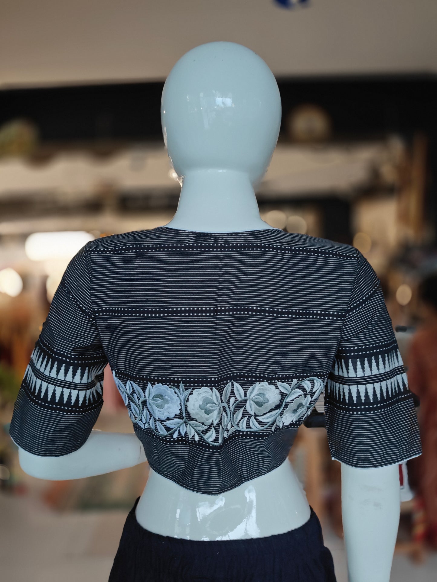 Cotton elbow sleeves front open blouse with stripes and floral embroidery on back