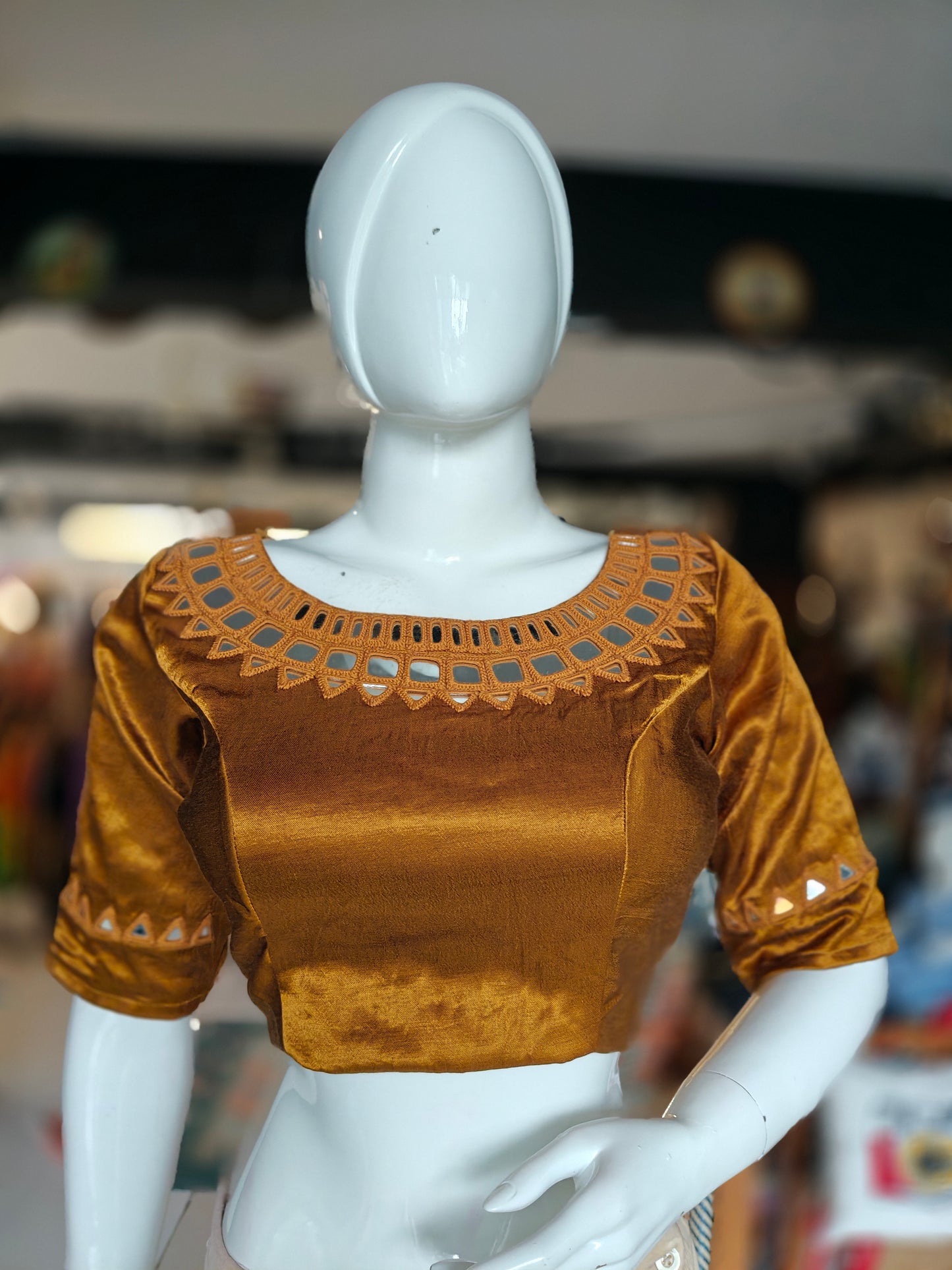 Golden brown mirror work hand embroidered Mashru blouse