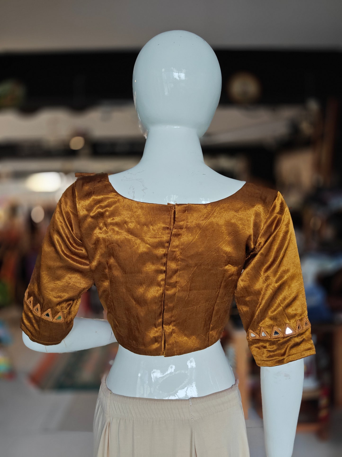 Golden brown mirror work hand embroidered Mashru blouse