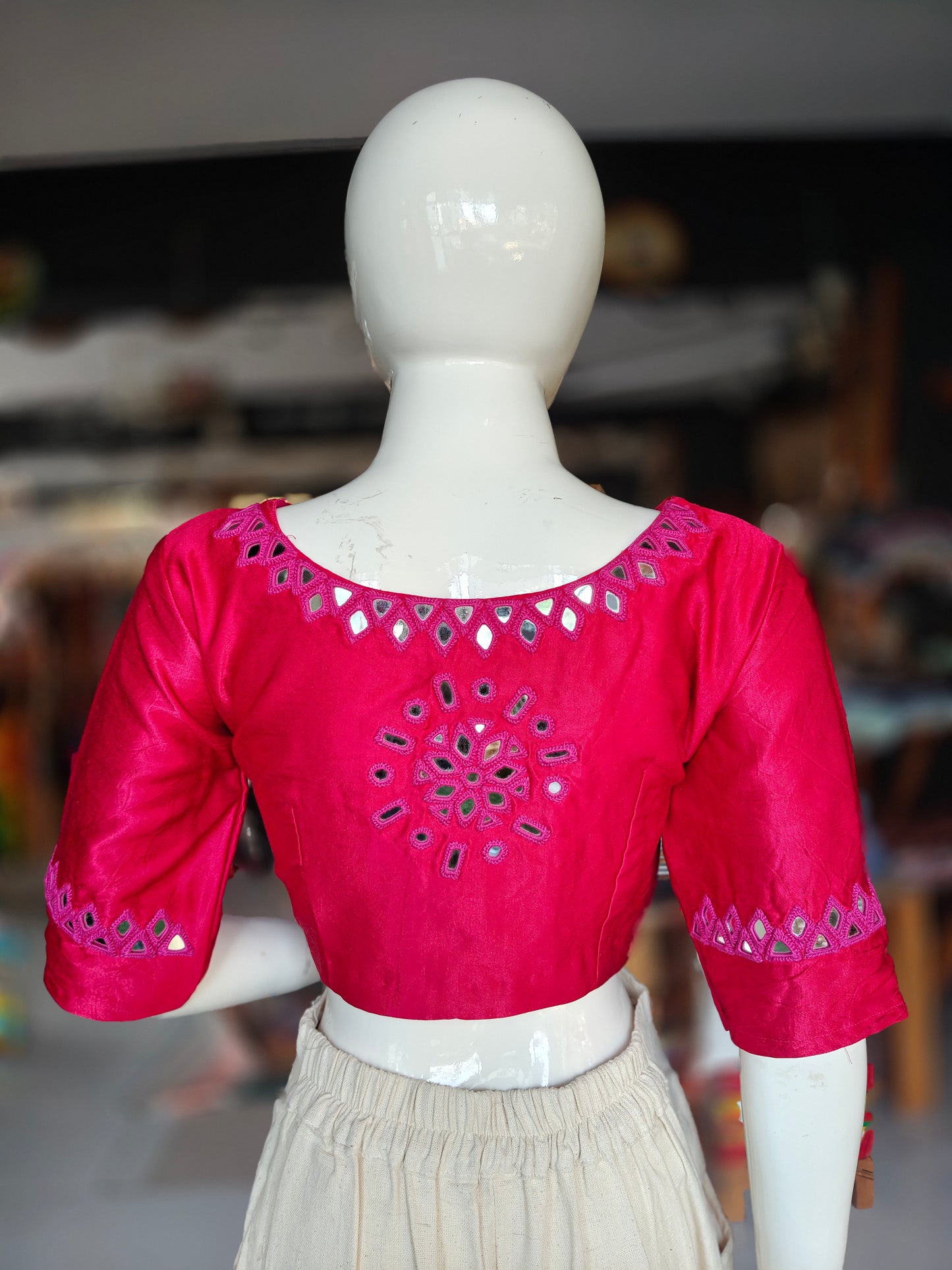 Pink mirror work hand embroidered Mashru blouse