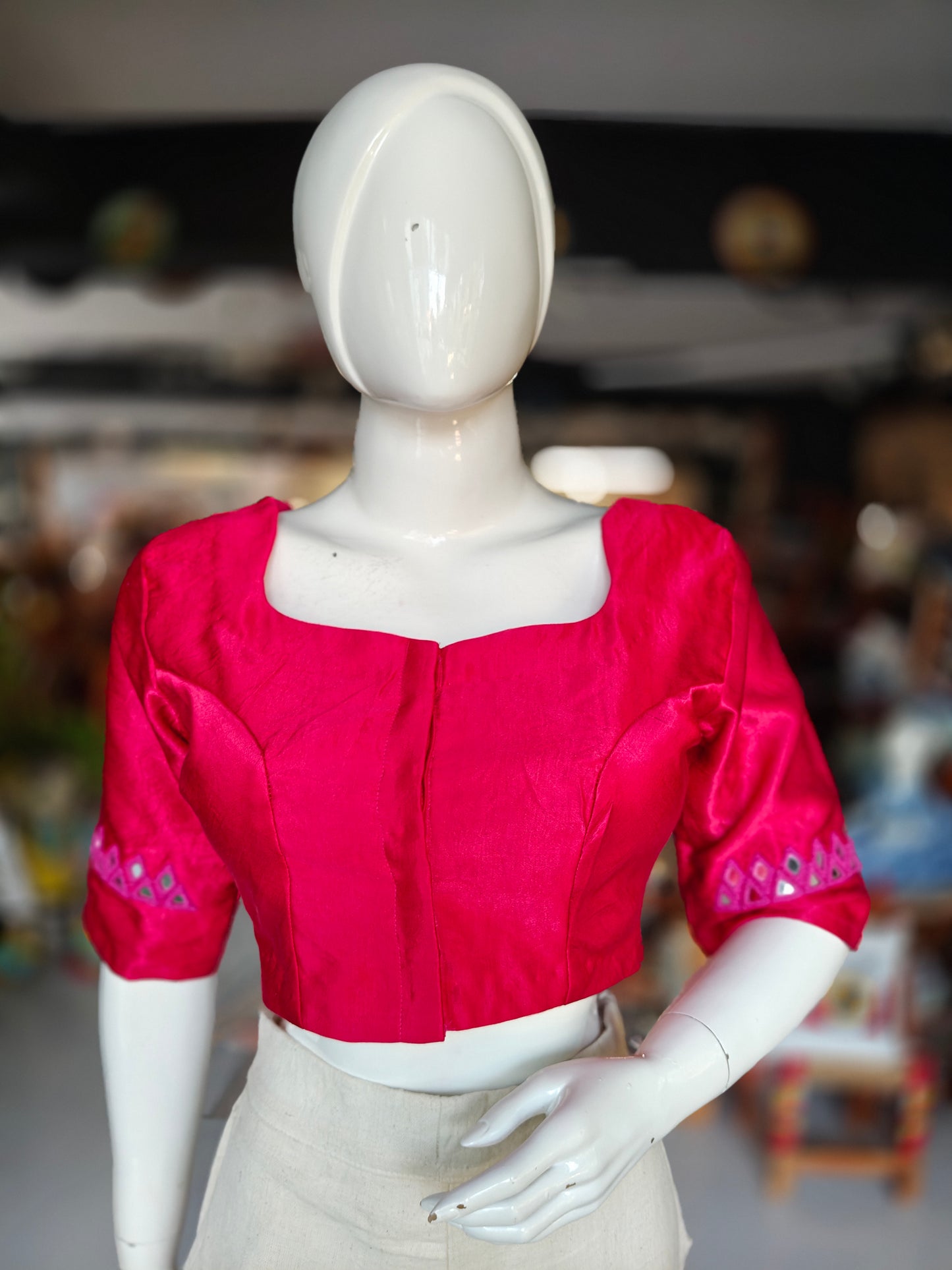 Pink mirror work hand embroidered Mashru blouse