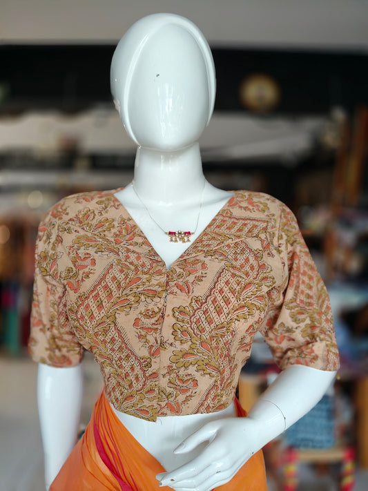 Zigzag peach olive green floral hand block printed Kalamkari cotton elbow sleeves front open V-neck blouse with flap collar