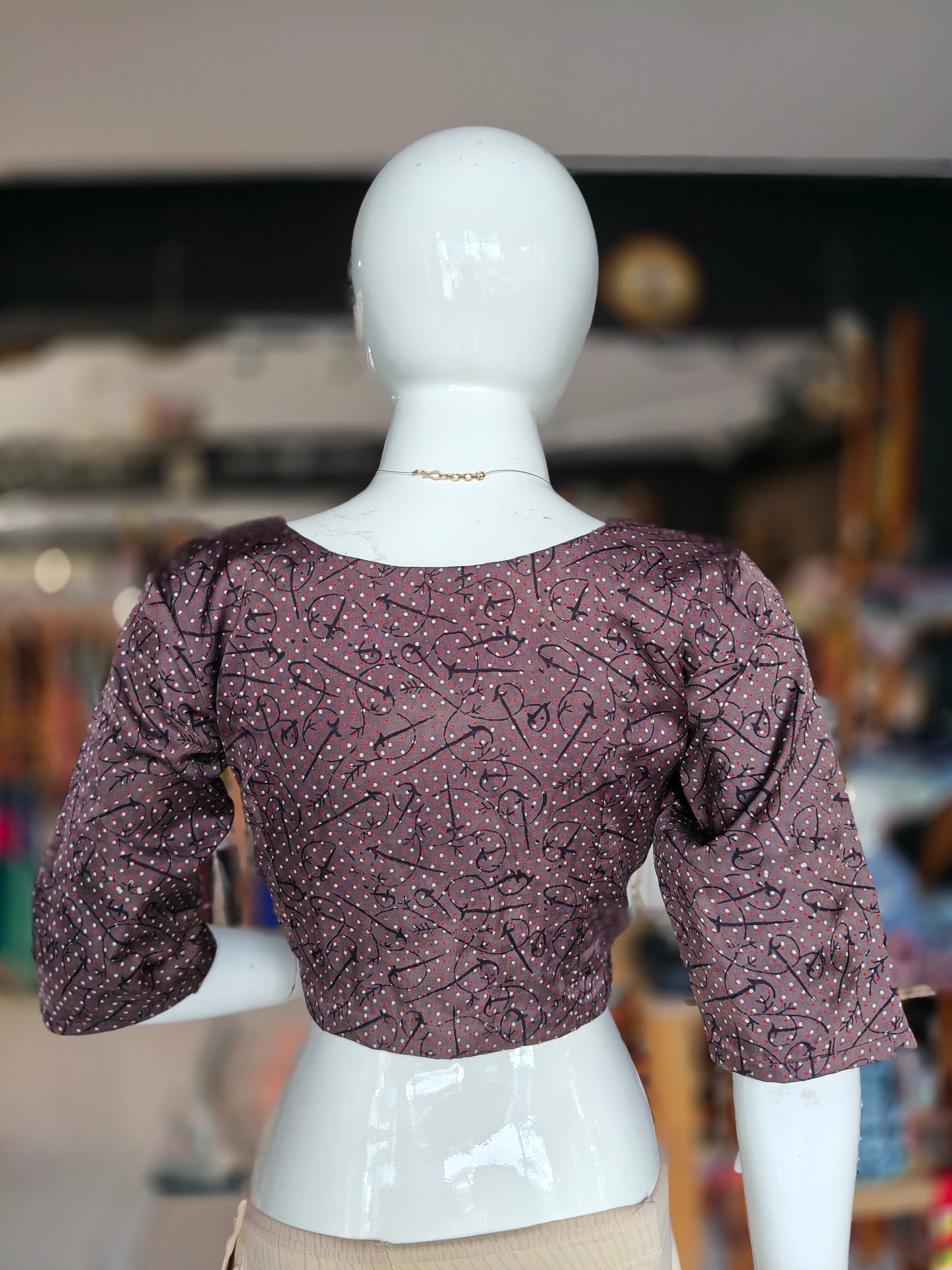 Aubergine shade hand block printed modal elbow sleeves designer neck front open blouse