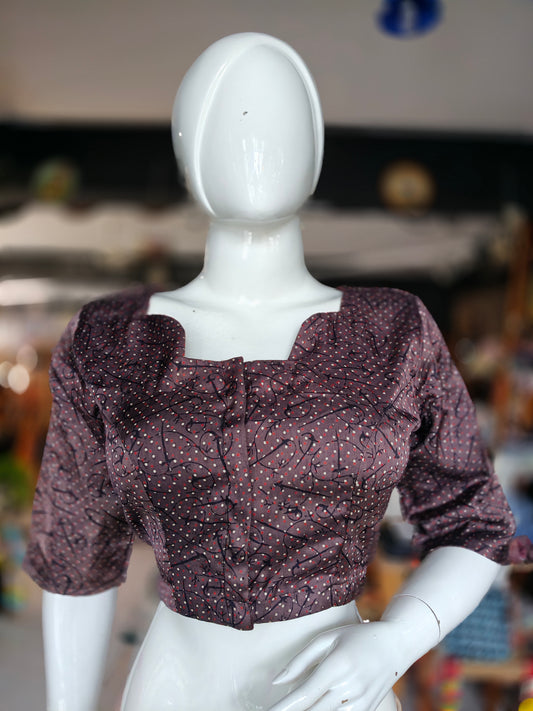 Aubergine shade hand block printed modal elbow sleeves designer neck front open blouse
