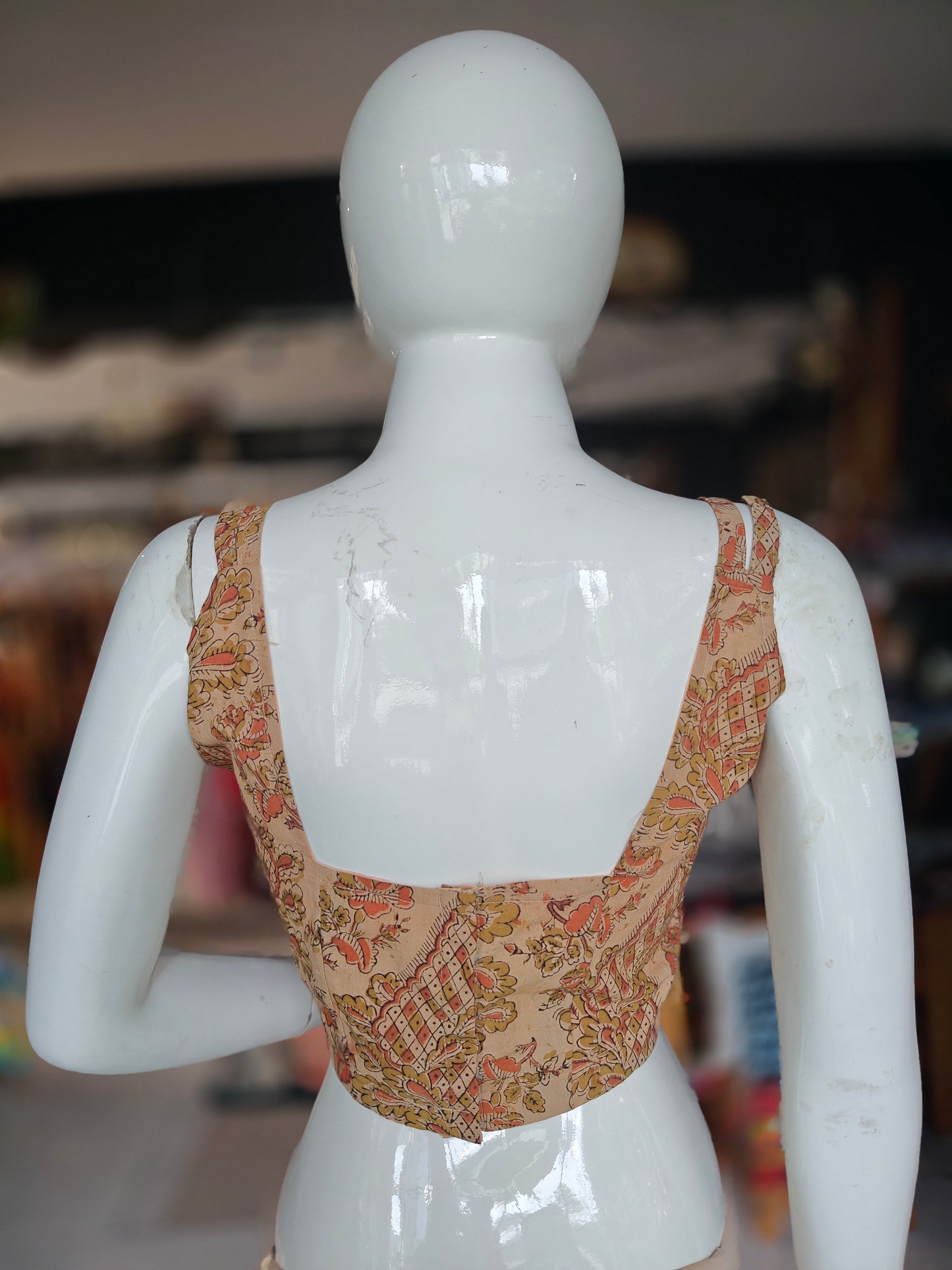 Zigzag olive green peach floral hand block printed Kalamkari cotton sleeveless backopen blouse