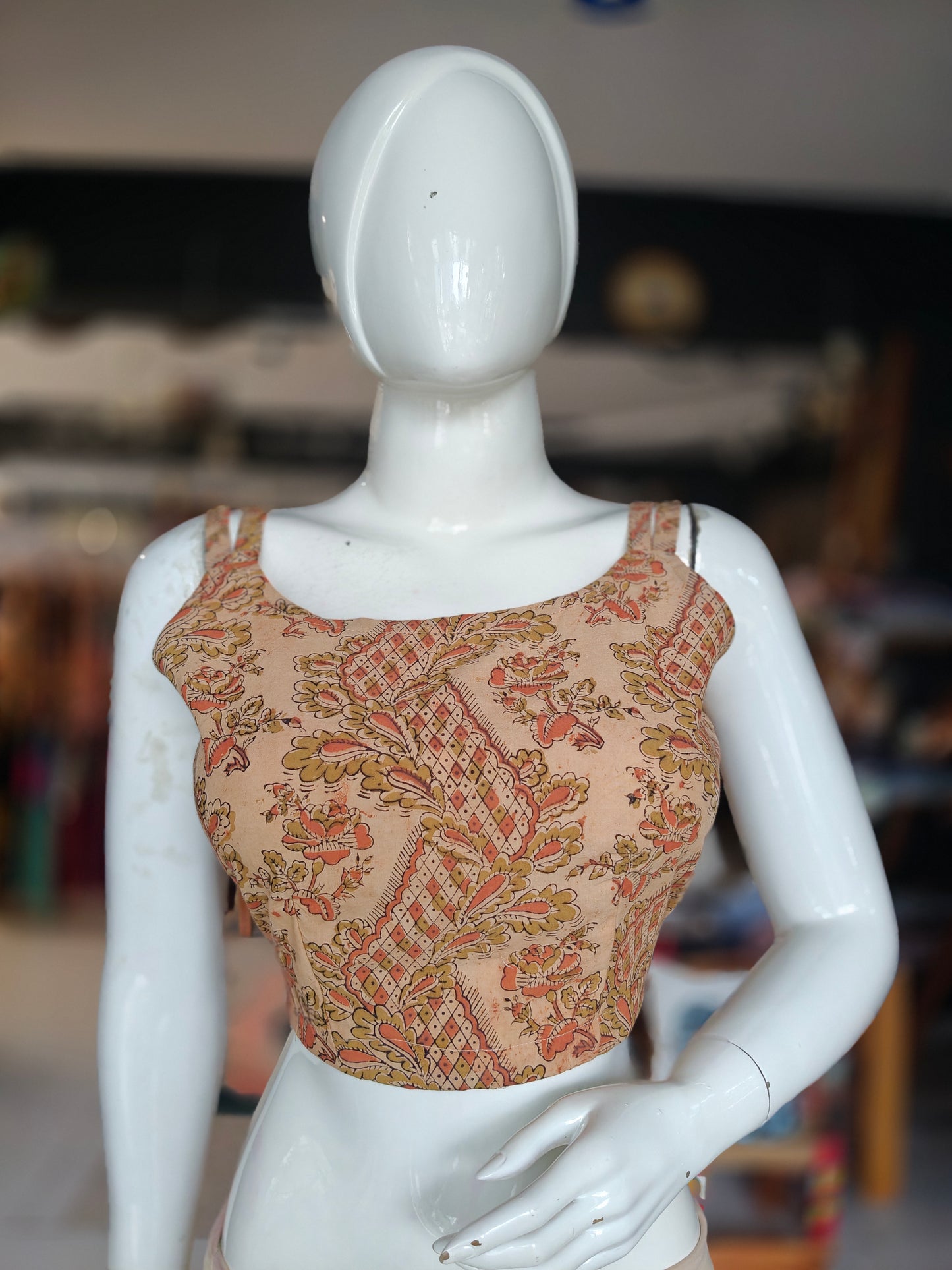 Zigzag olive green peach floral hand block printed Kalamkari cotton sleeveless backopen blouse