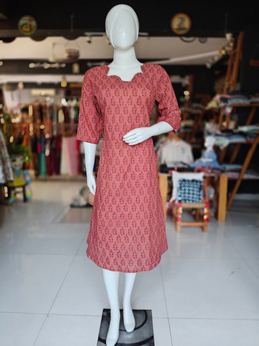 Ajrakh floral butis Handblock printed cotton dress with designer neck