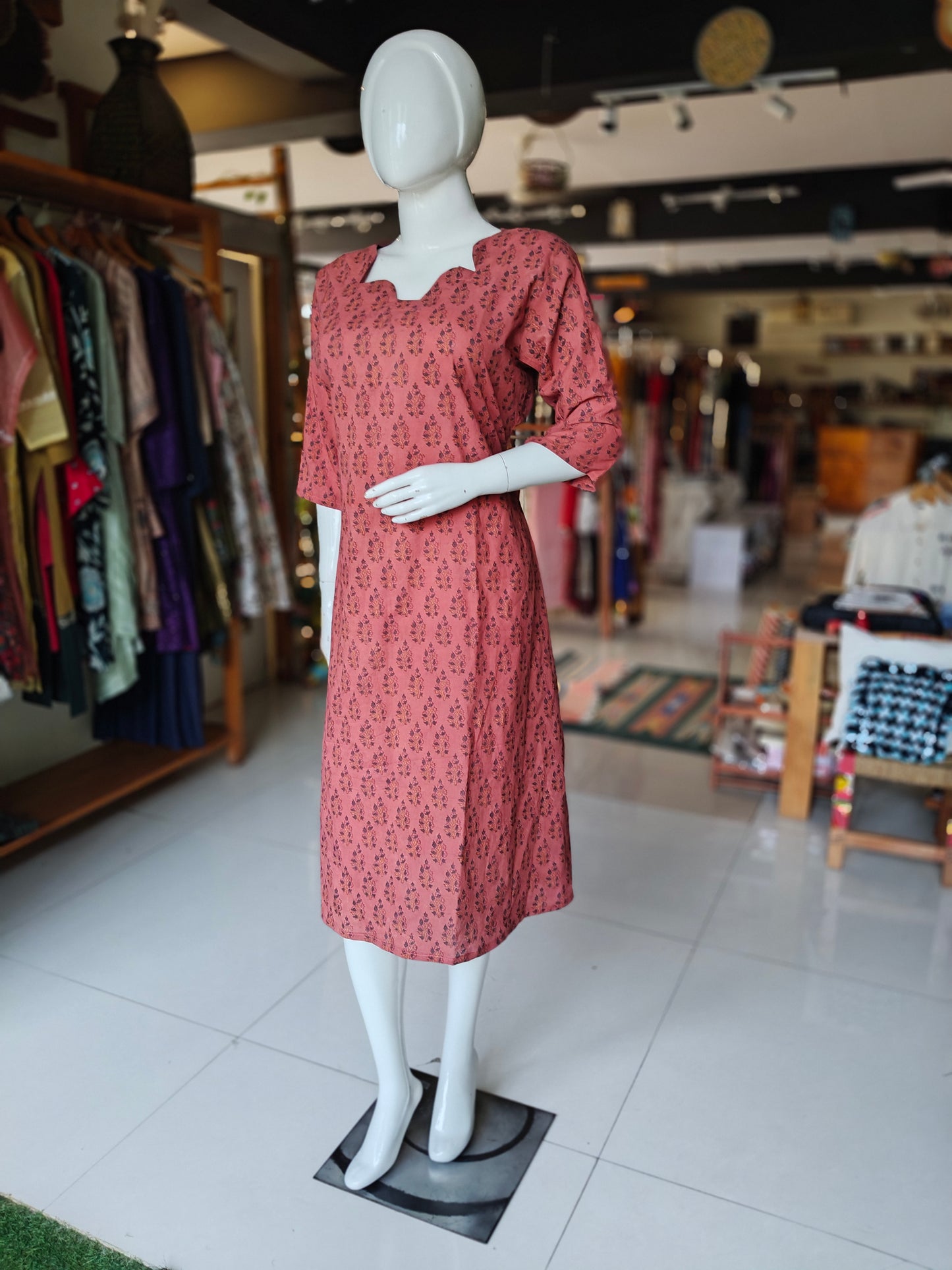Ajrakh floral butis Handblock printed cotton dress with designer neck
