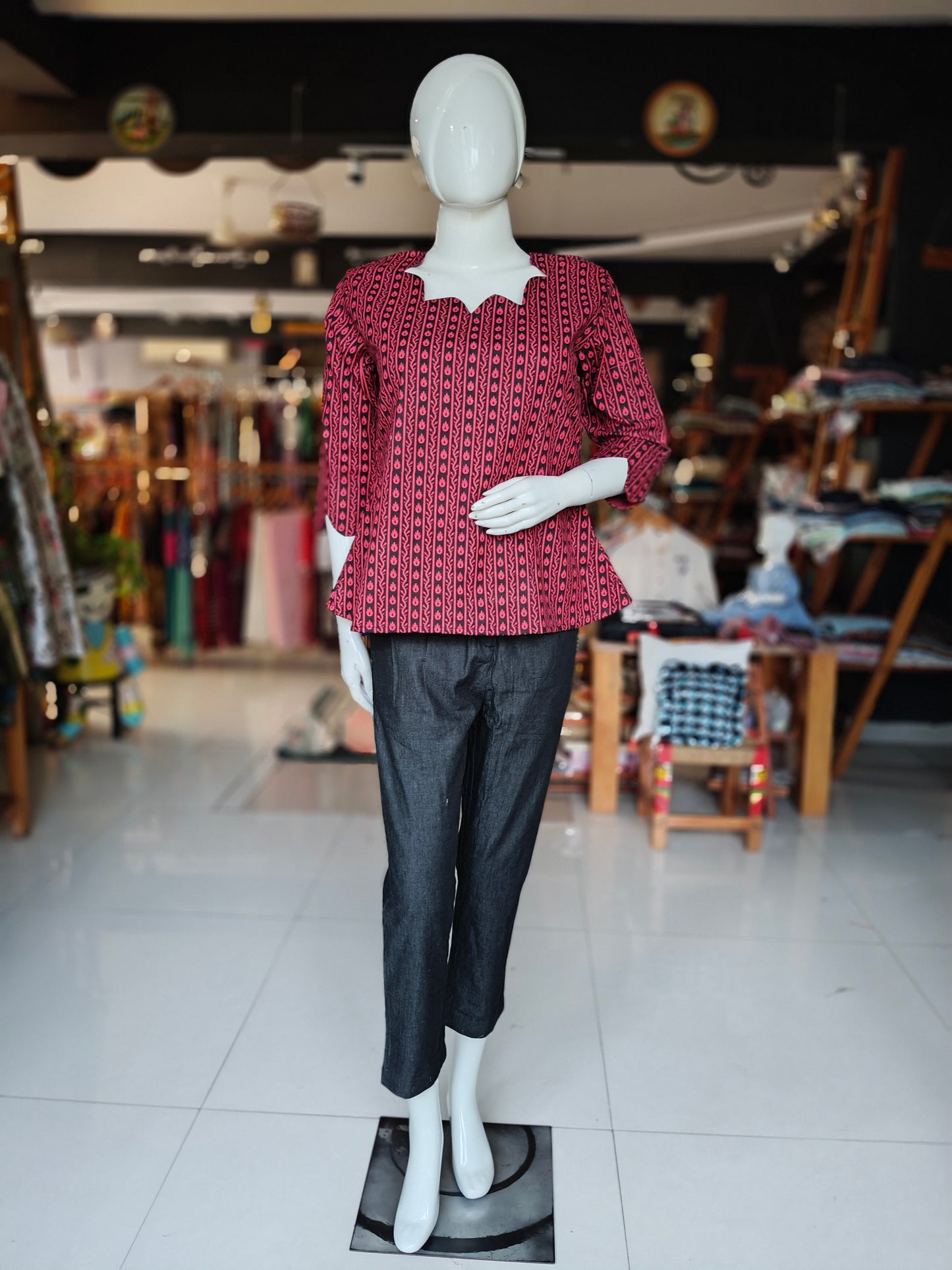 Black n pink hand block printed cotton top with fancy neck line