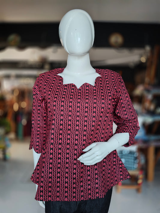Black n pink hand block printed cotton top with fancy neck line