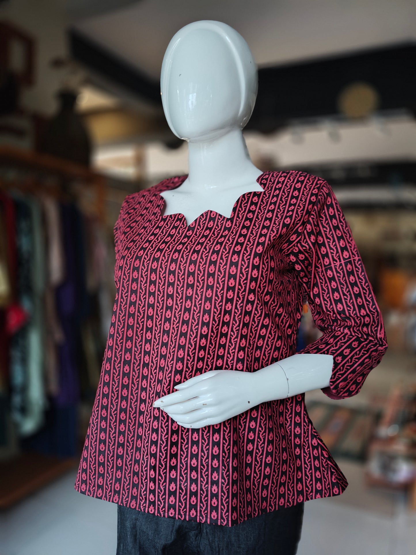Black n pink hand block printed cotton top with fancy neck line