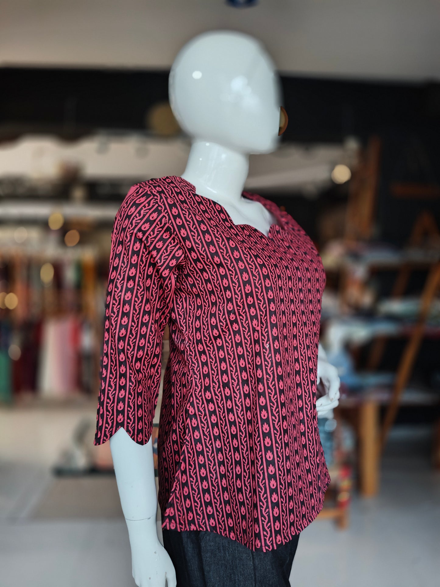 Black n pink hand block printed cotton top with fancy neck line