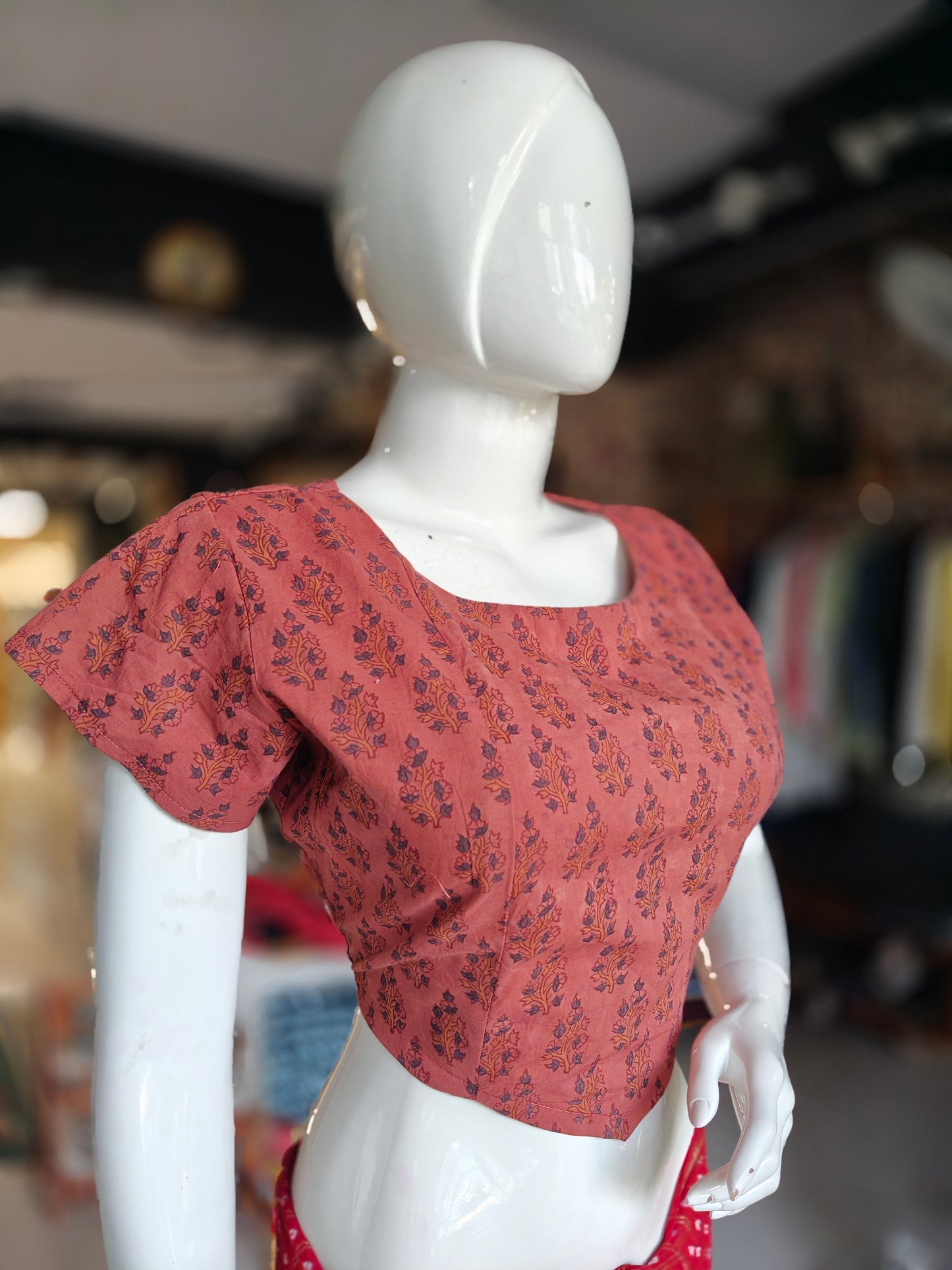 Ajrakh floral butis Handblock printed pink cotton back open designer blouse