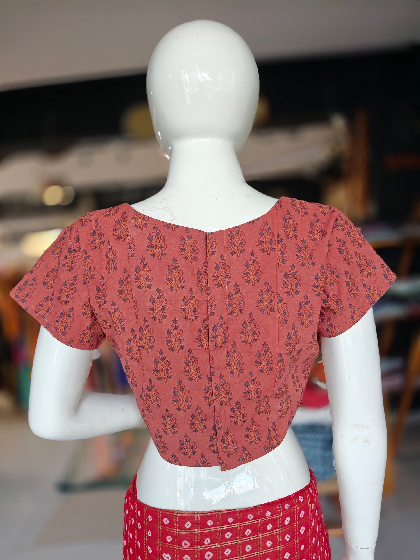 Ajrakh floral butis Handblock printed pink cotton back open designer blouse