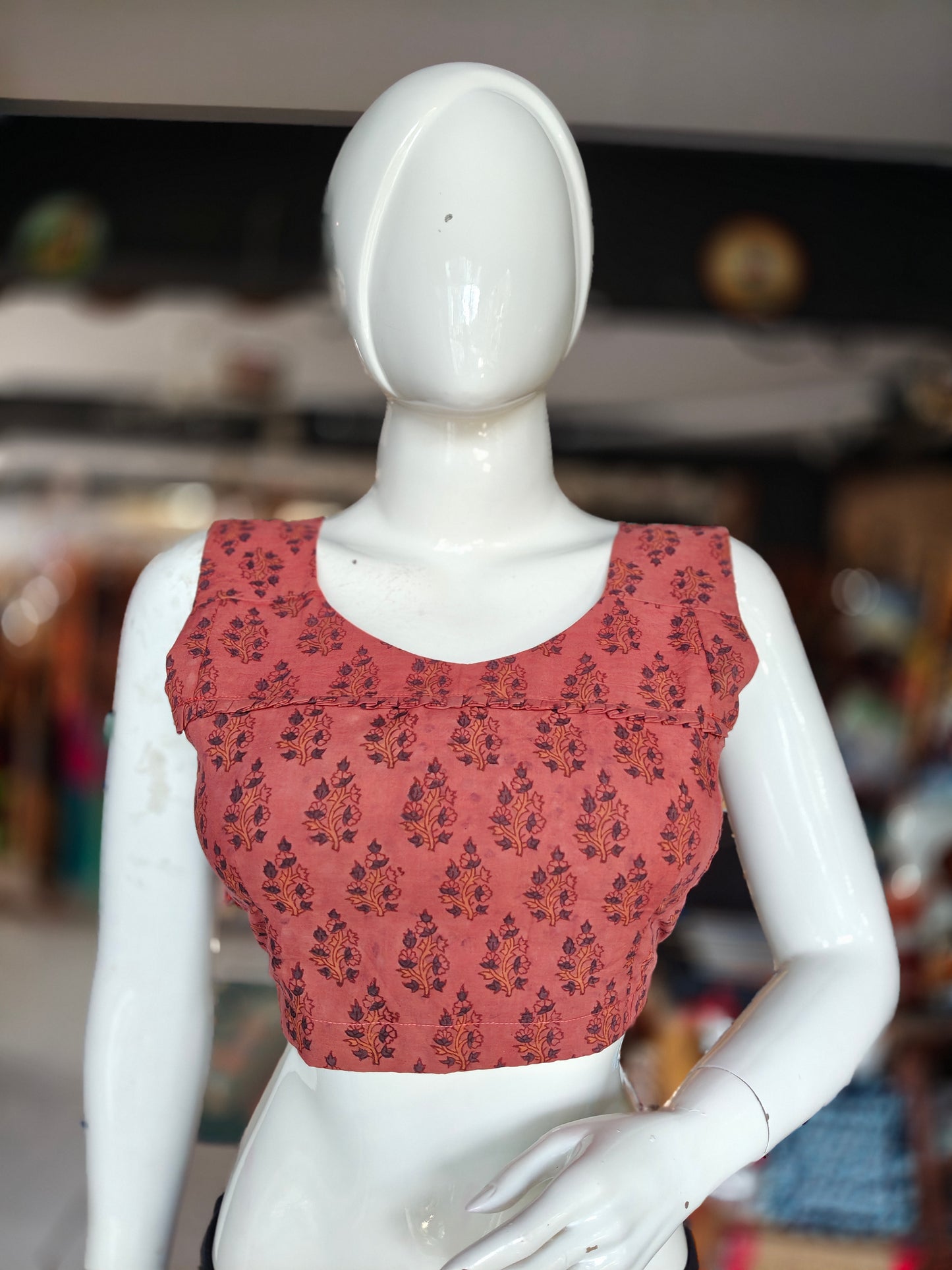 Ajrakh floral butis Handblock printed pink cotton sleeveless back open blouse