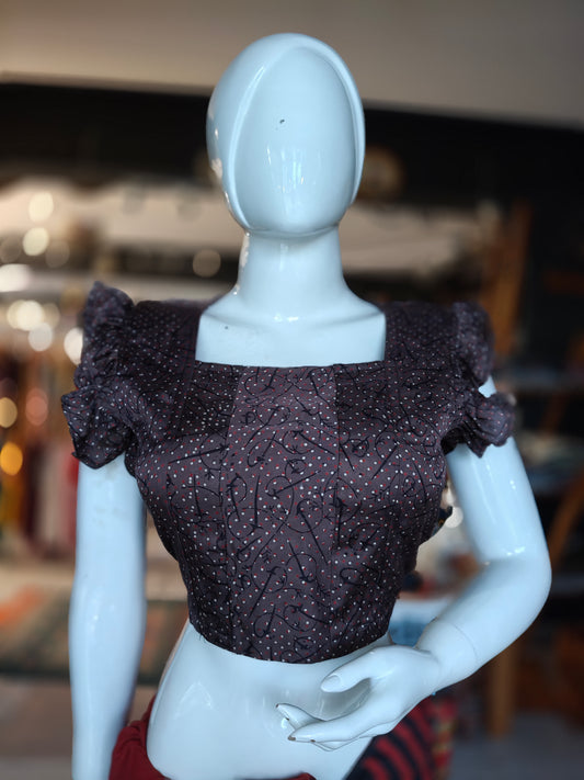 Aubergine shade hand block printed modal frilled sleeves blouse