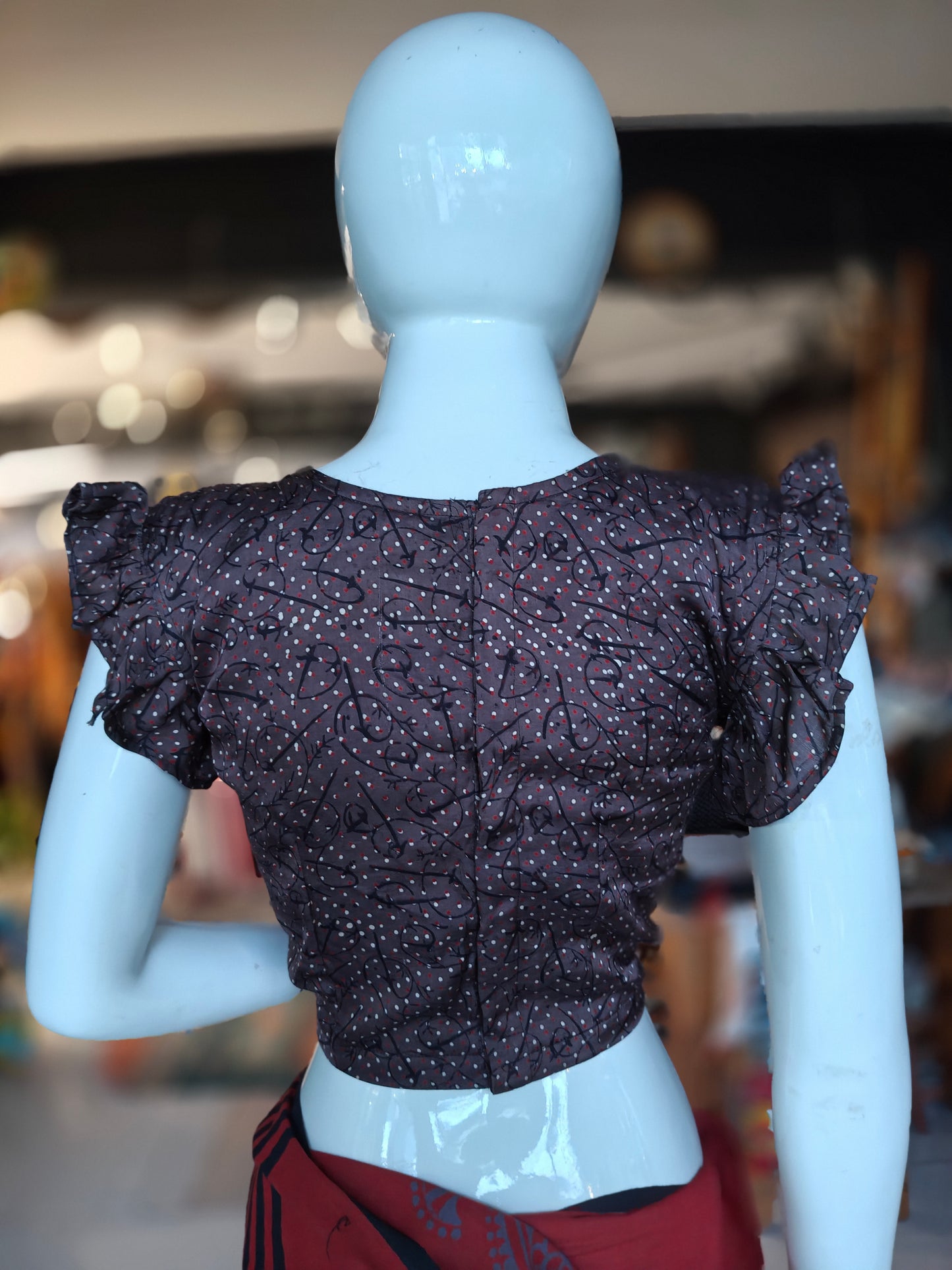 Aubergine shade hand block printed modal frilled sleeves blouse