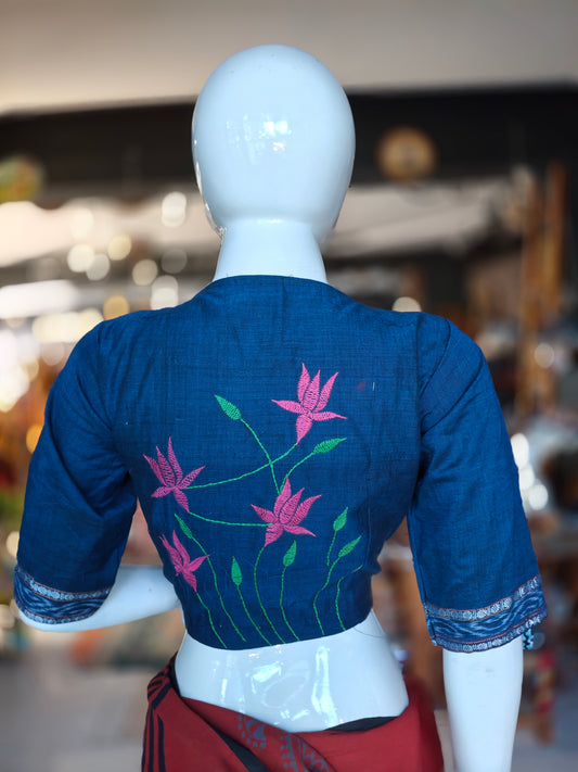 Blue Hand embroidered lotus and leaves handloom cotton elbow sleeves blouse