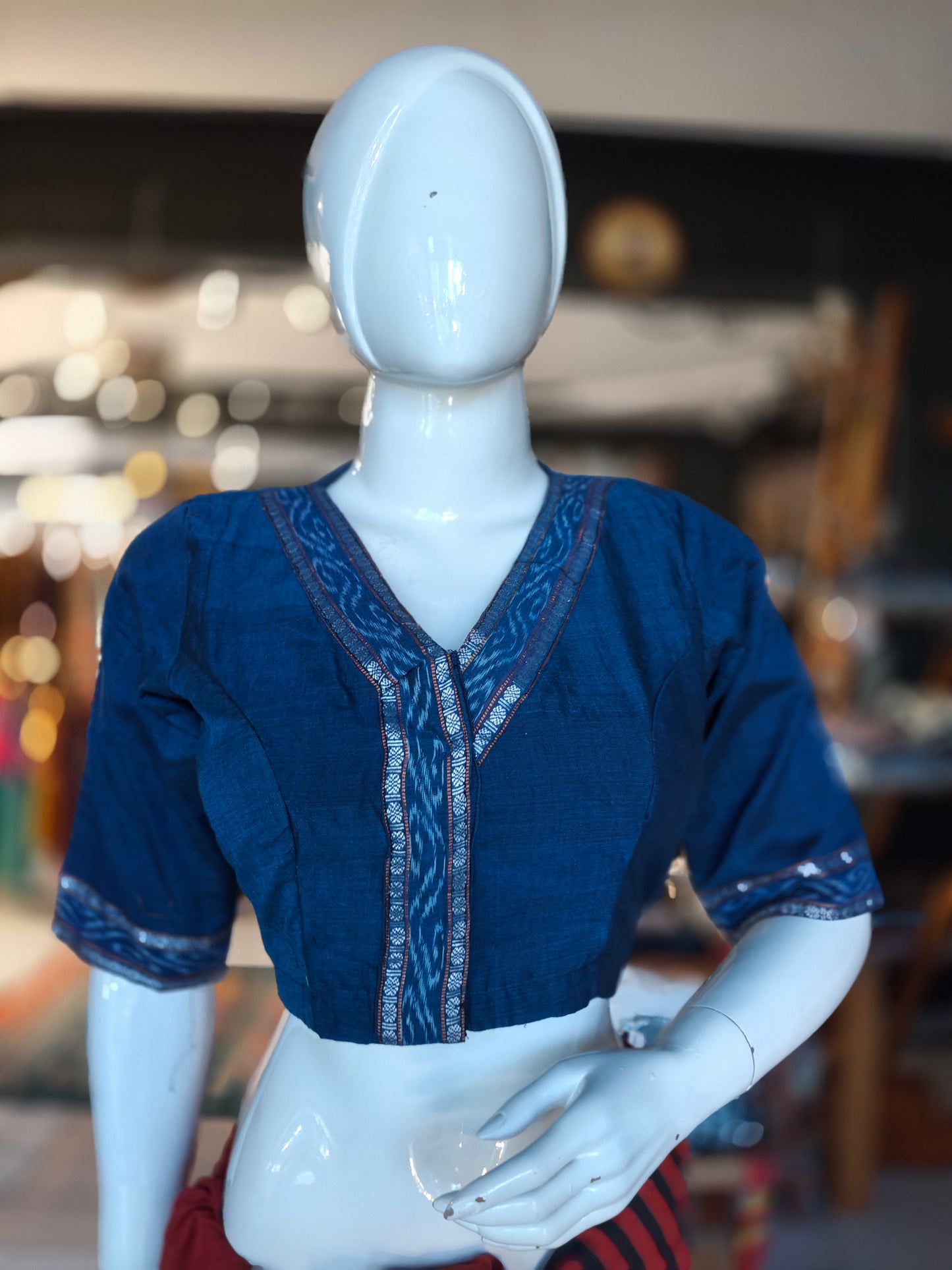 Blue Hand embroidered lotus and leaves handloom cotton elbow sleeves blouse