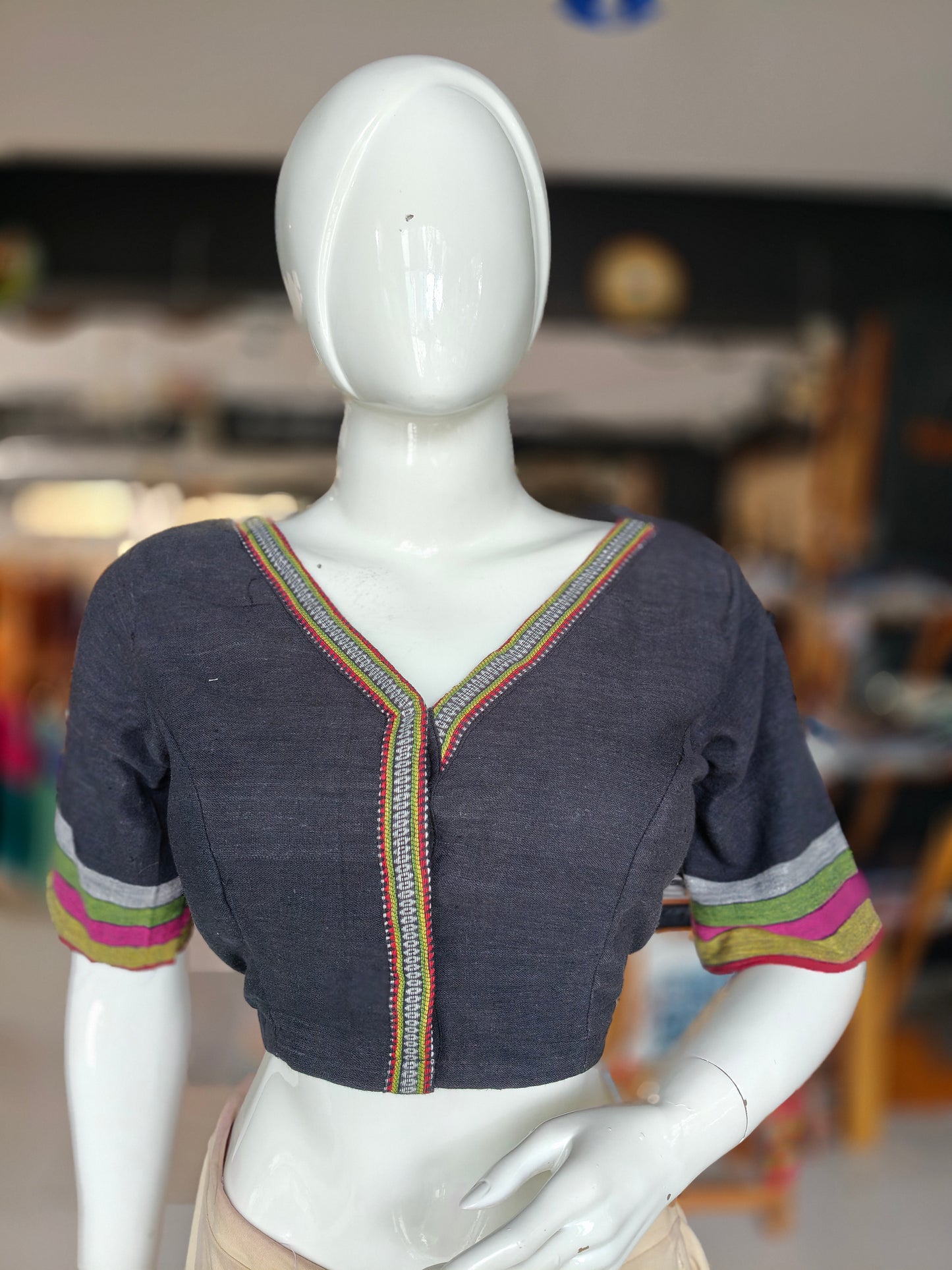 Black kala cotton organic handwoven elbow sleeves,V-neck  blouse with colourful borders