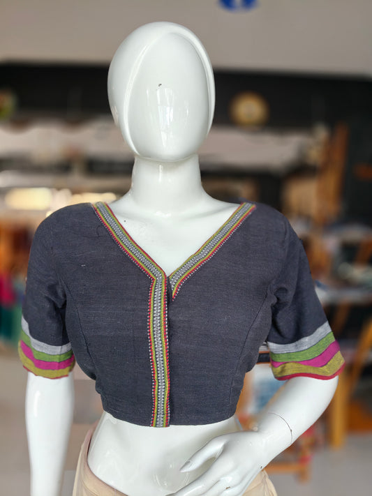 Black kala cotton organic handwoven elbow sleeves,V-neck  blouse with colourful borders