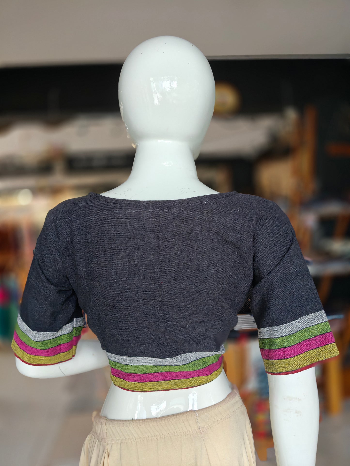 Black kala cotton organic handwoven elbow sleeves,V-neck  blouse with colourful borders