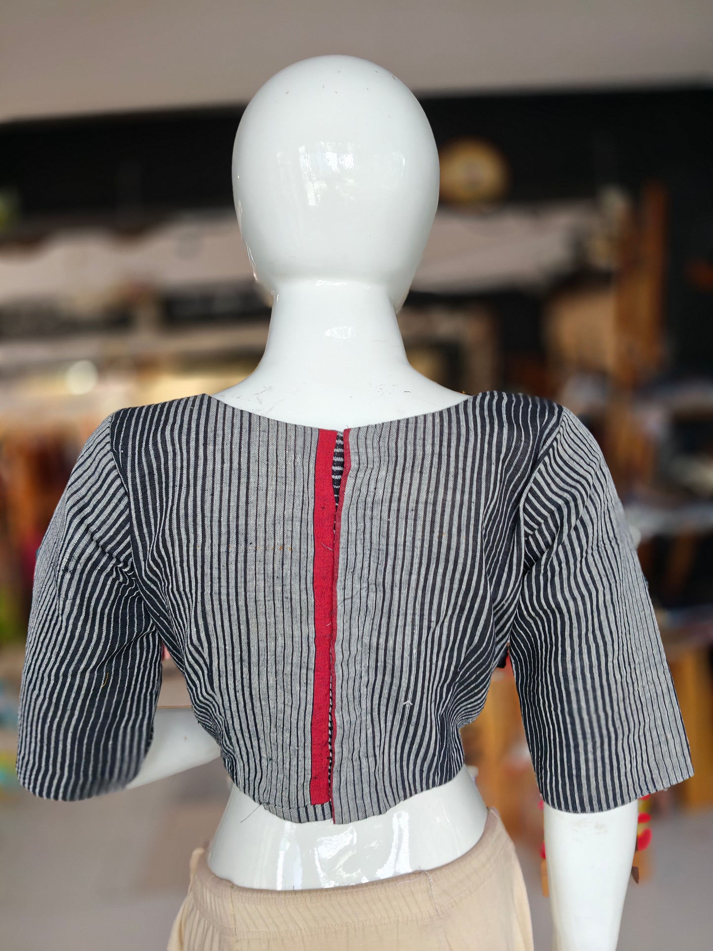 Grey n black stripes handloom kala cotton elbow sleeves blouse