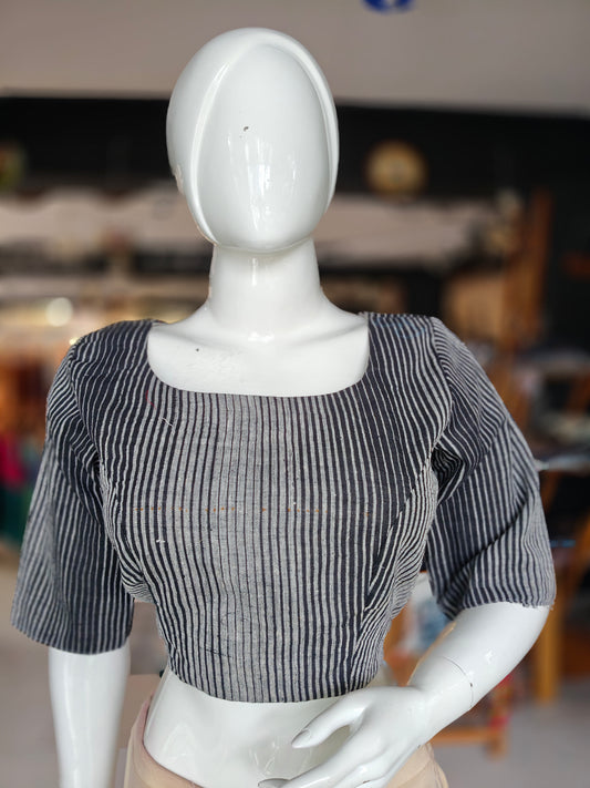 Grey n black stripes handloom kala cotton elbow sleeves blouse