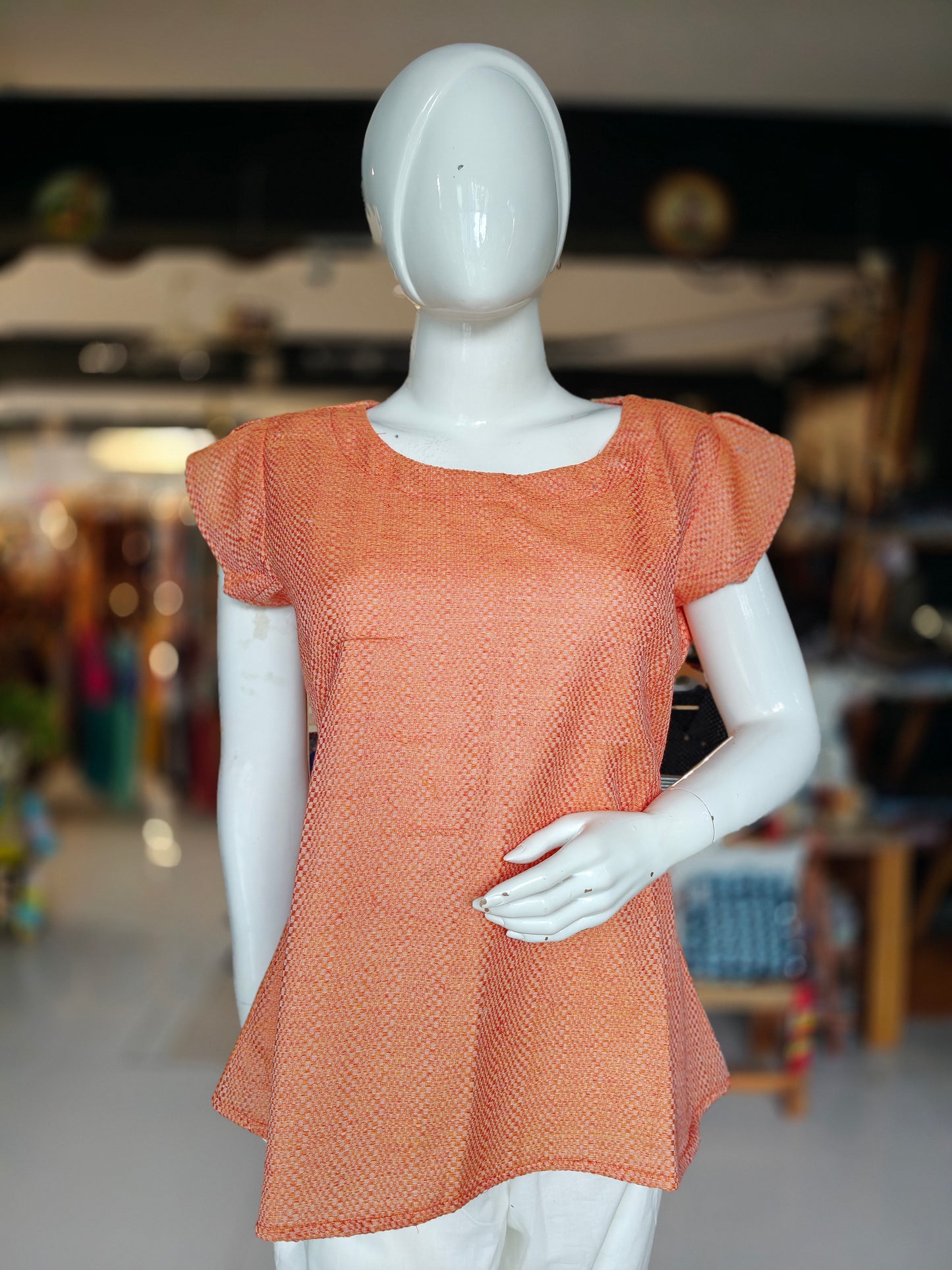 Orange textured handloom cotton top with fancy sleeves