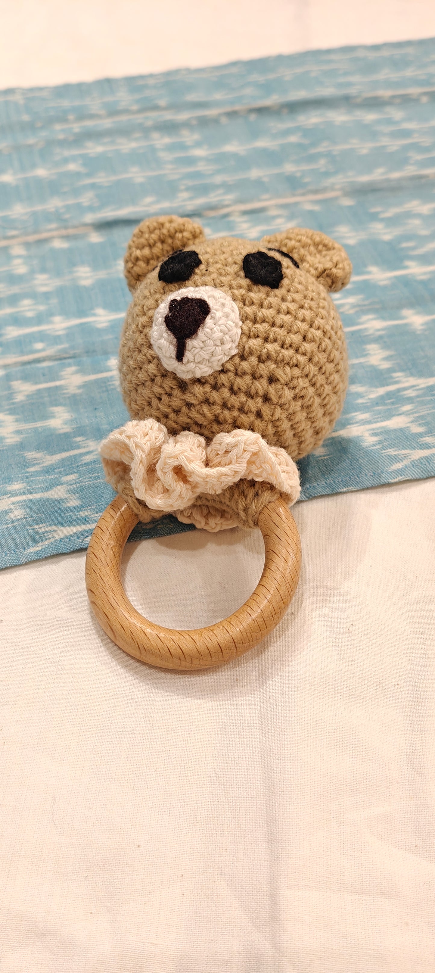 Cute baby bear and bear face rattle ( no sound) with wooden ring - handcrafted crochet pair
