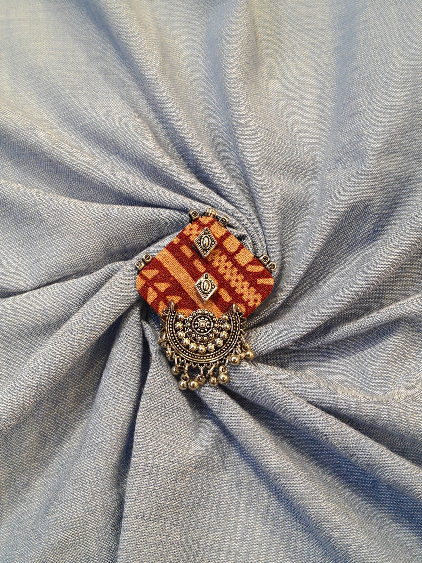 Elegant Ajrakh brooches with silver work - multiple colors and patterns