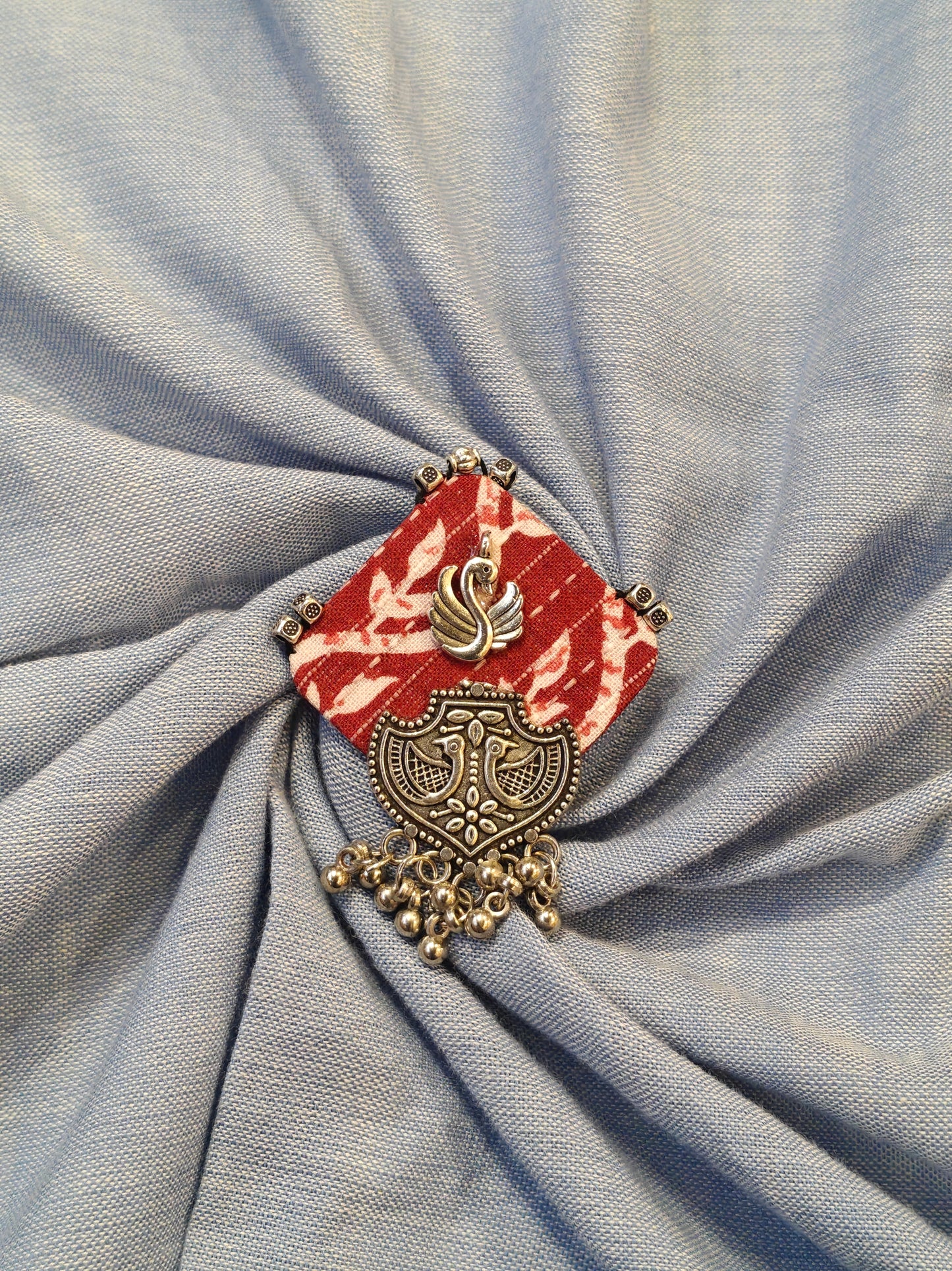 Elegant Ajrakh brooches with silver work - multiple colors and patterns