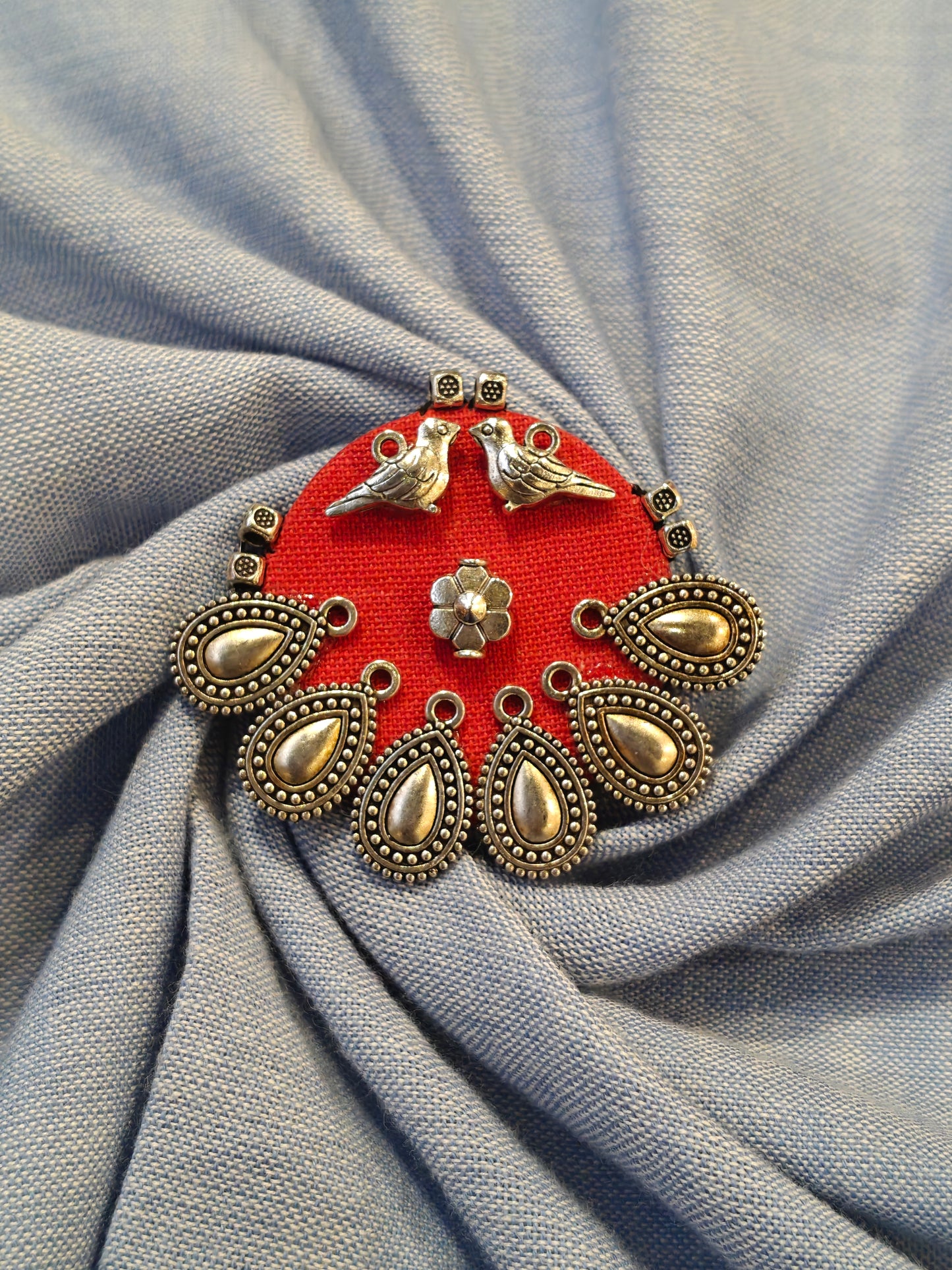 Elegant Ajrakh brooches with silver work - multiple colors and patterns