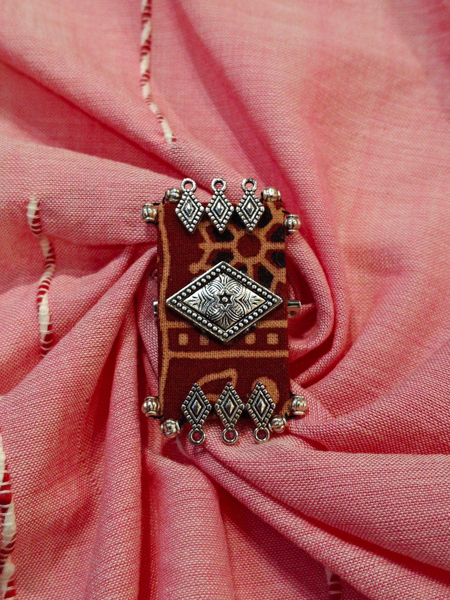 Elegant Ajrakh brooches with silver work - multiple colors and patterns