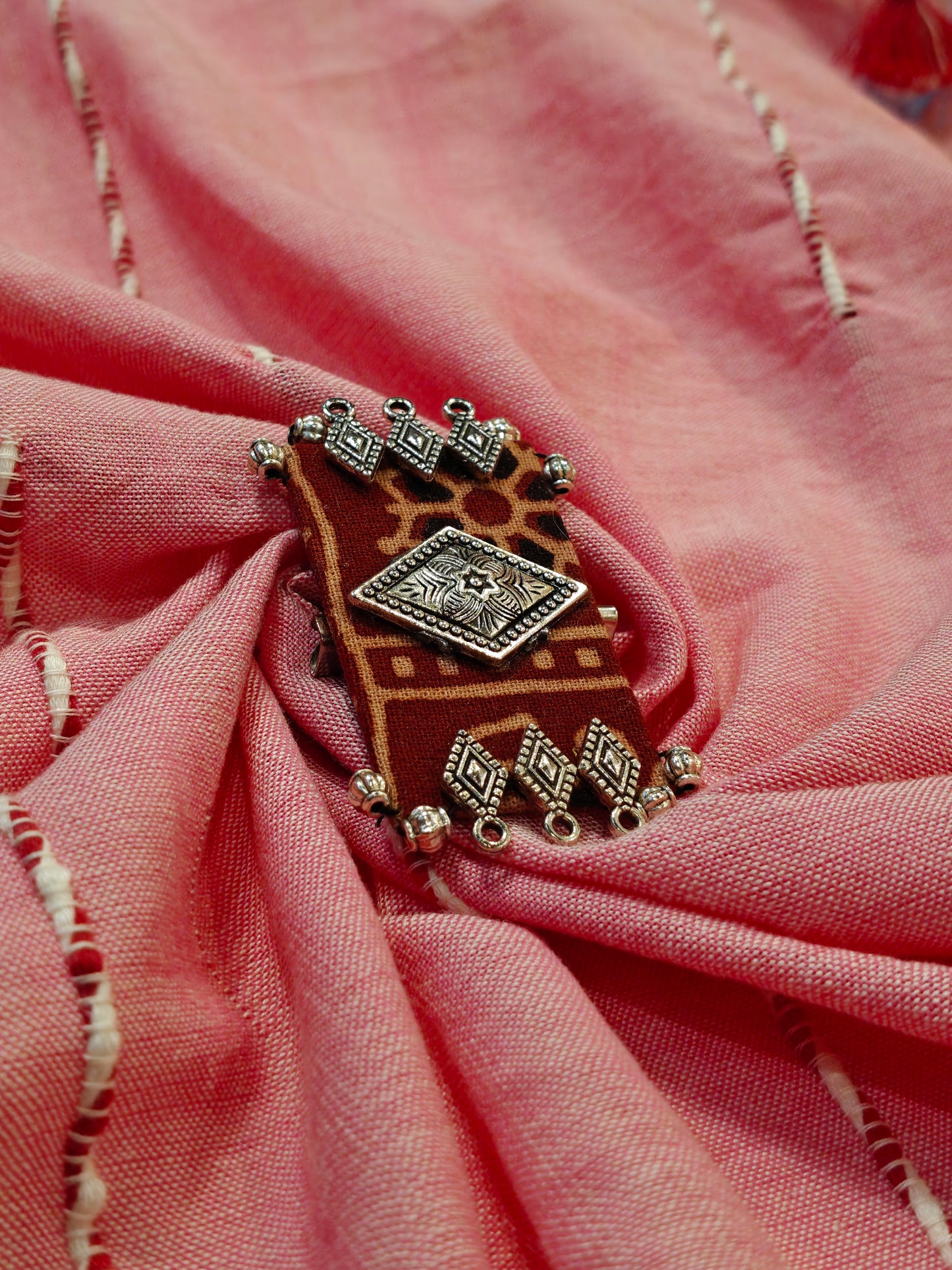 Elegant Ajrakh brooches with silver work - multiple colors and patterns