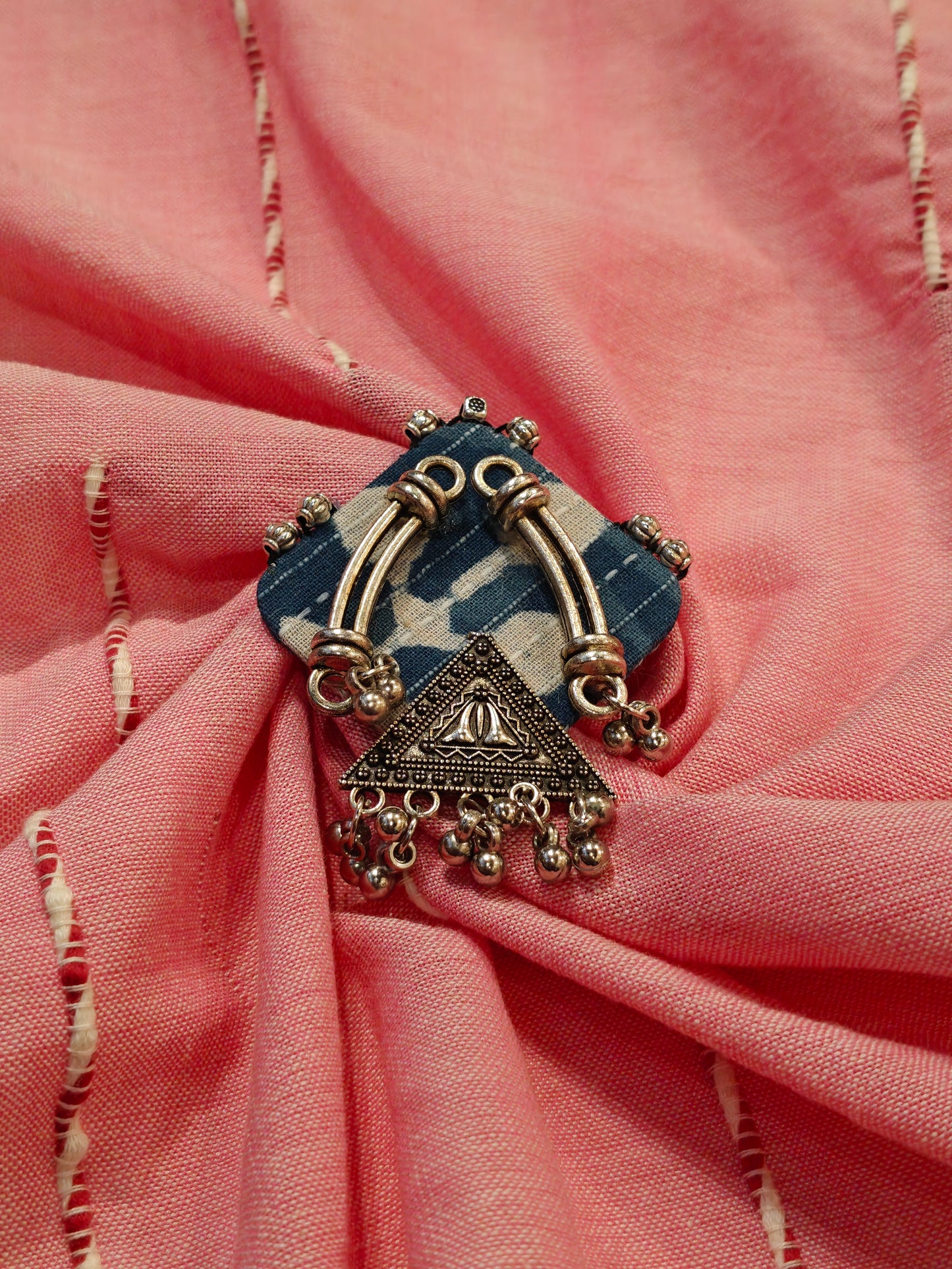 Elegant Ajrakh brooches with silver work - multiple colors and patterns