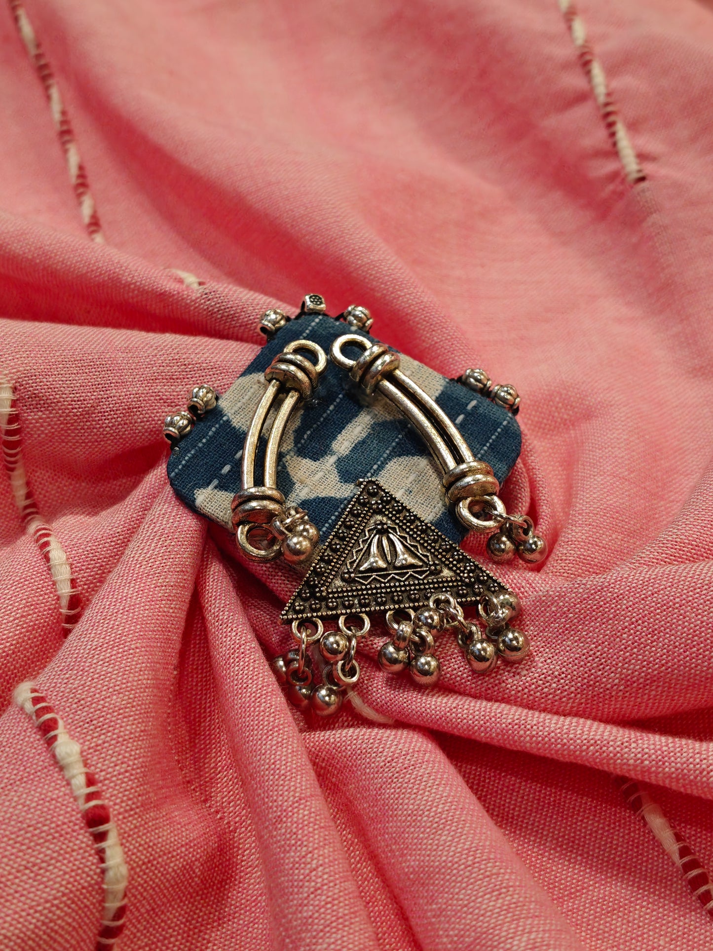 Elegant Ajrakh brooches with silver work - multiple colors and patterns