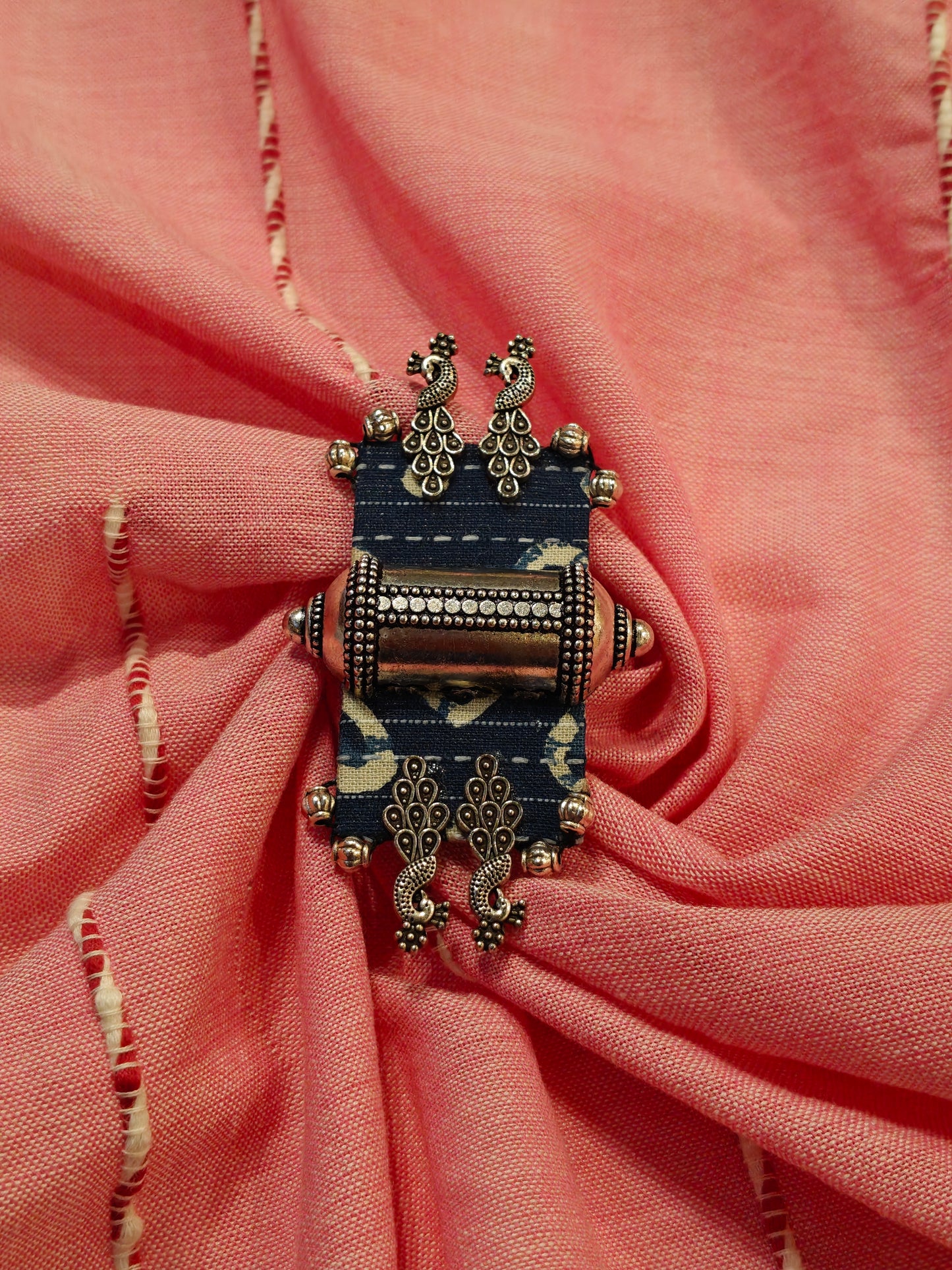 Elegant Ajrakh brooches with silver work - multiple colors and patterns